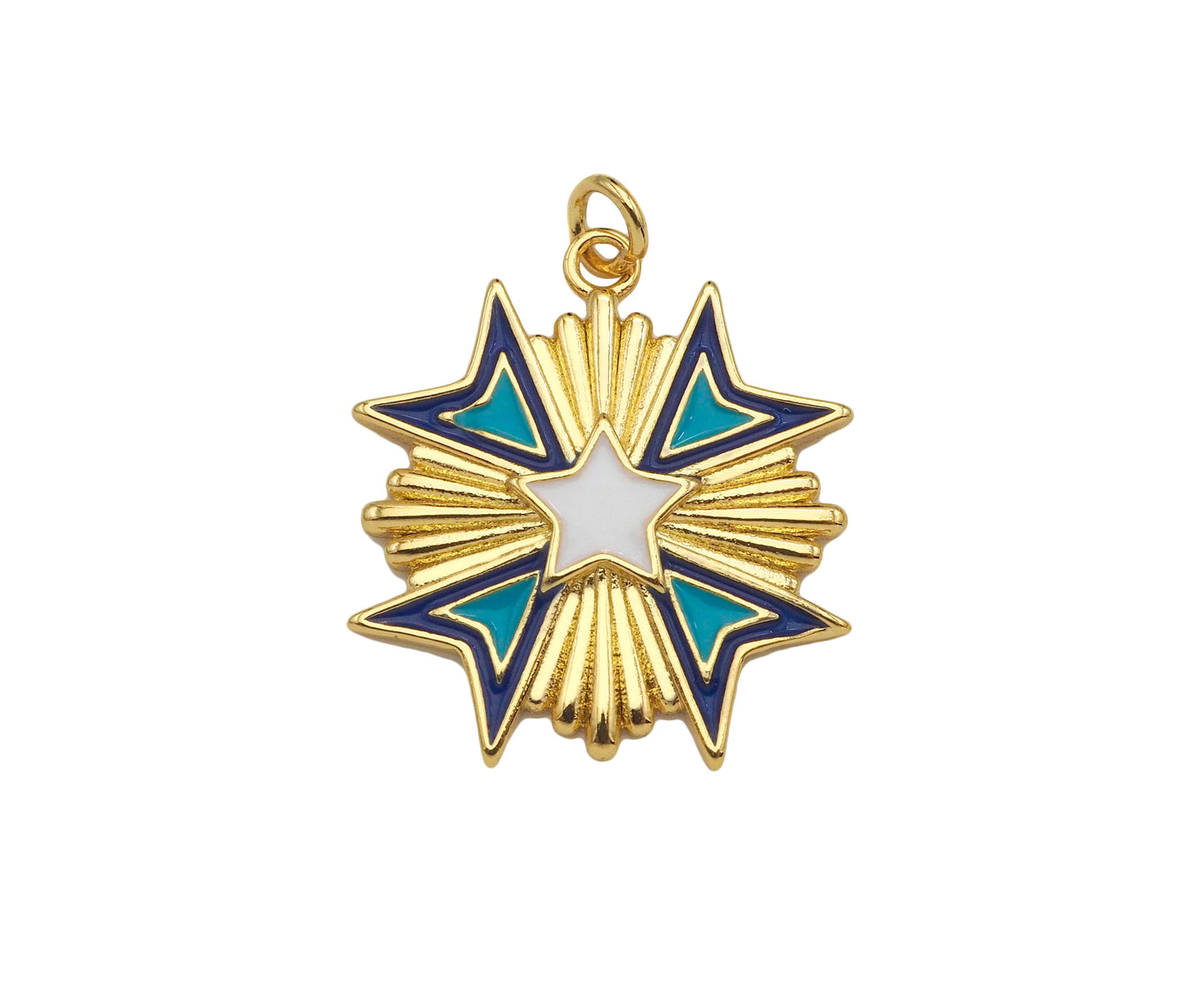 Gold Filled Enamel Star Medallion Pendant, 18K Gold Filled Tuequoise Blue/White Enamel Charm,Enamel Jewelry,23x24mm,Sku#Z1361