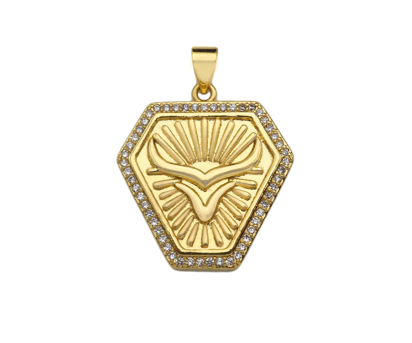 CZ Micro Pave OX Horn On Shield Shape Pendant/Charm,Cubic Zirconia Medallion Charm, Necklace Bracelet Charm Pendant,23x25mm, Sku#LK194