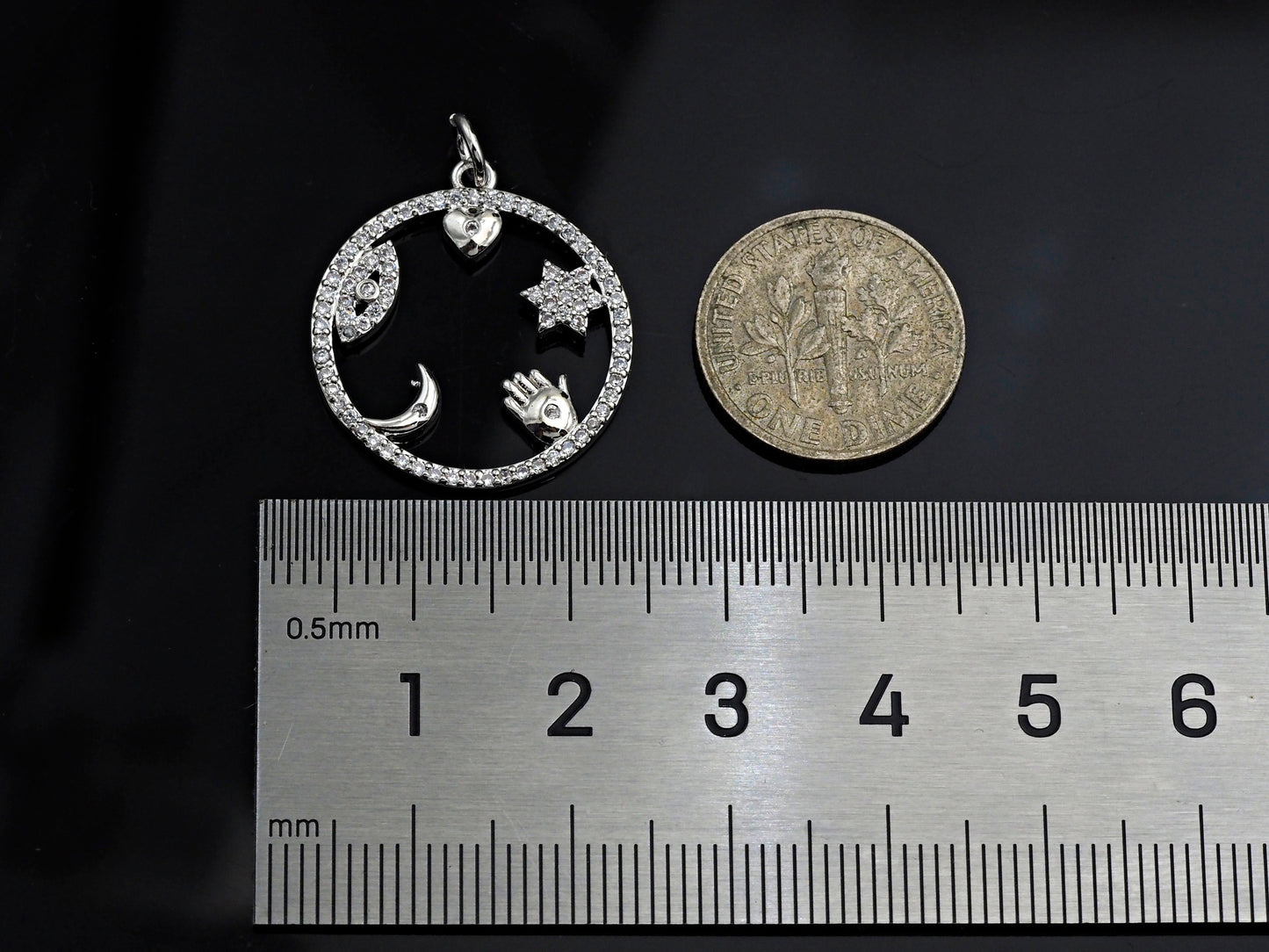 CZ Micro Pave Evil Eye Hand Star On  Round Ring Pendant , 21x23mm, Cubic Zirconia Round Ring Pave Pendant Beads, Pave Charm, SKU#F1188