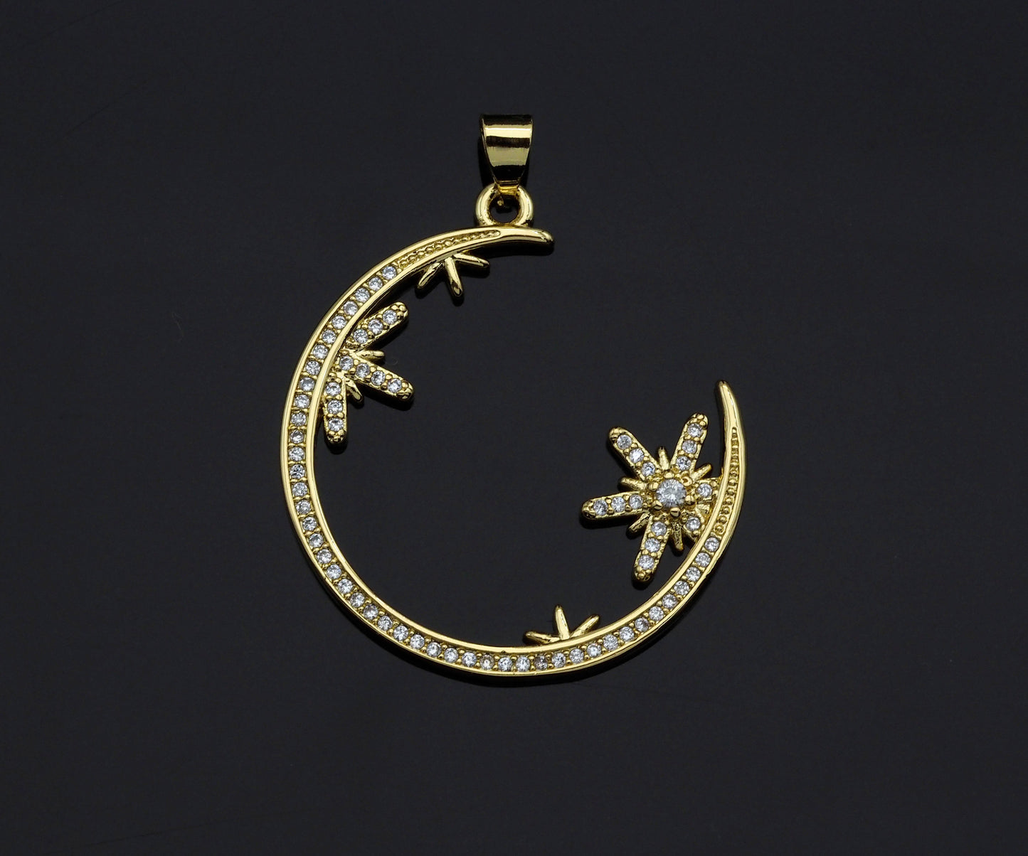 Clear CZ Micro Pave Flower Star On Cresent Moon Shape Pendant Charm, Cubic Zirconia Moon Charm,30x33mm,Sku#LK156
