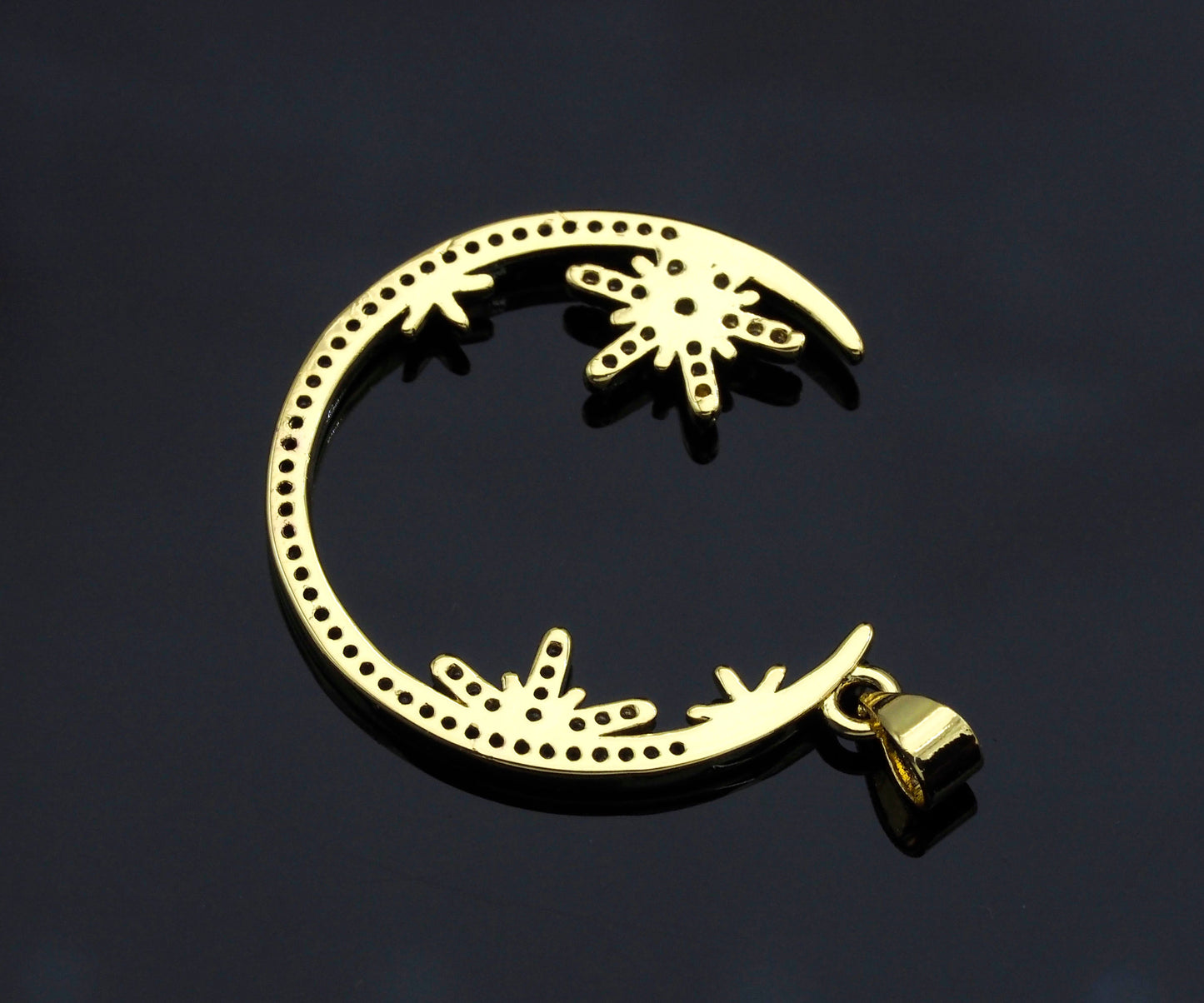 Clear CZ Micro Pave Flower Star On Cresent Moon Shape Pendant Charm, Cubic Zirconia Moon Charm,30x33mm,Sku#LK156