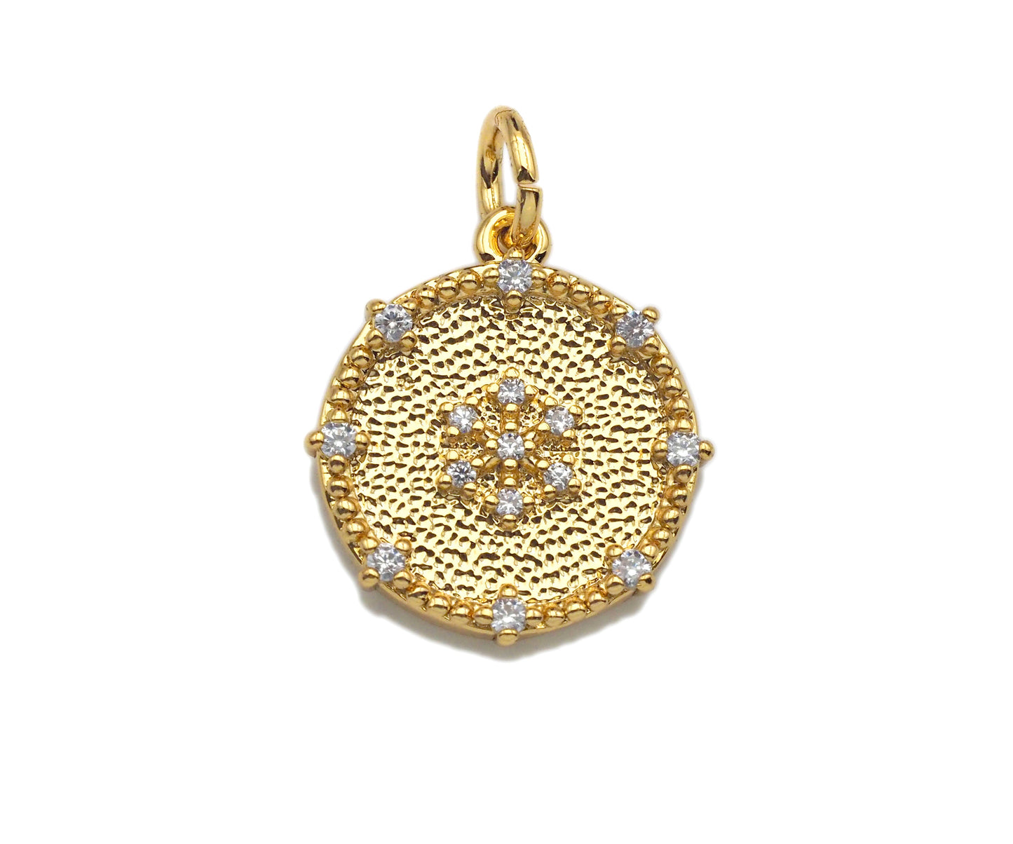 CZ Micro Pave Snowflake On Round Coin Charms, 18k Dainty Gold Charms Pendant, Snowflake Necklace Charms, 14x15mm, Sku#F1305