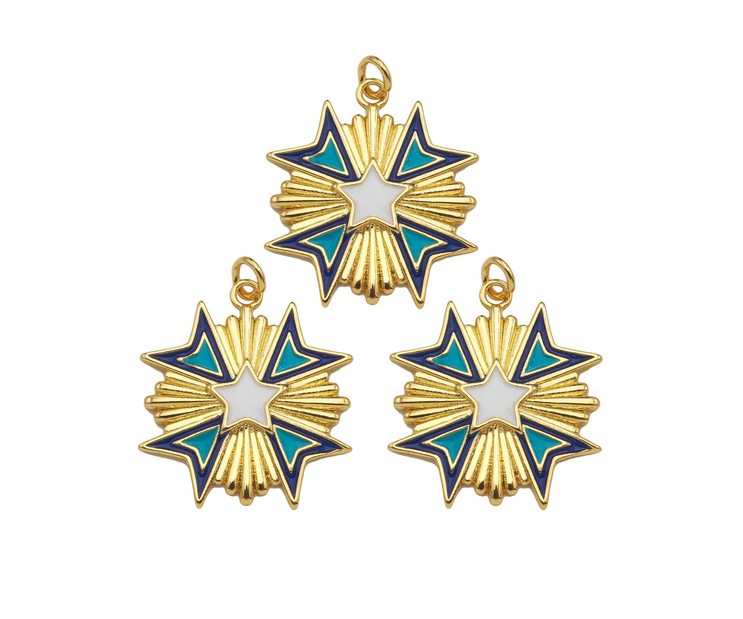 Gold Filled Enamel Star Medallion Pendant, 18K Gold Filled Tuequoise Blue/White Enamel Charm,Enamel Jewelry,23x24mm,Sku#Z1361