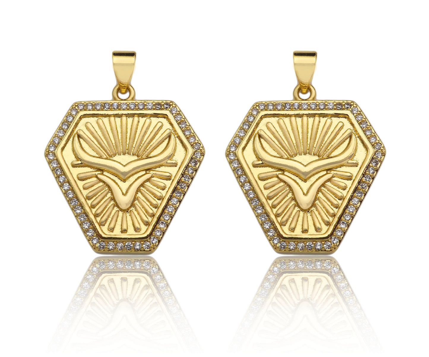 CZ Micro Pave OX Horn On Shield Shape Pendant/Charm,Cubic Zirconia Medallion Charm, Necklace Bracelet Charm Pendant,23x25mm, Sku#LK194