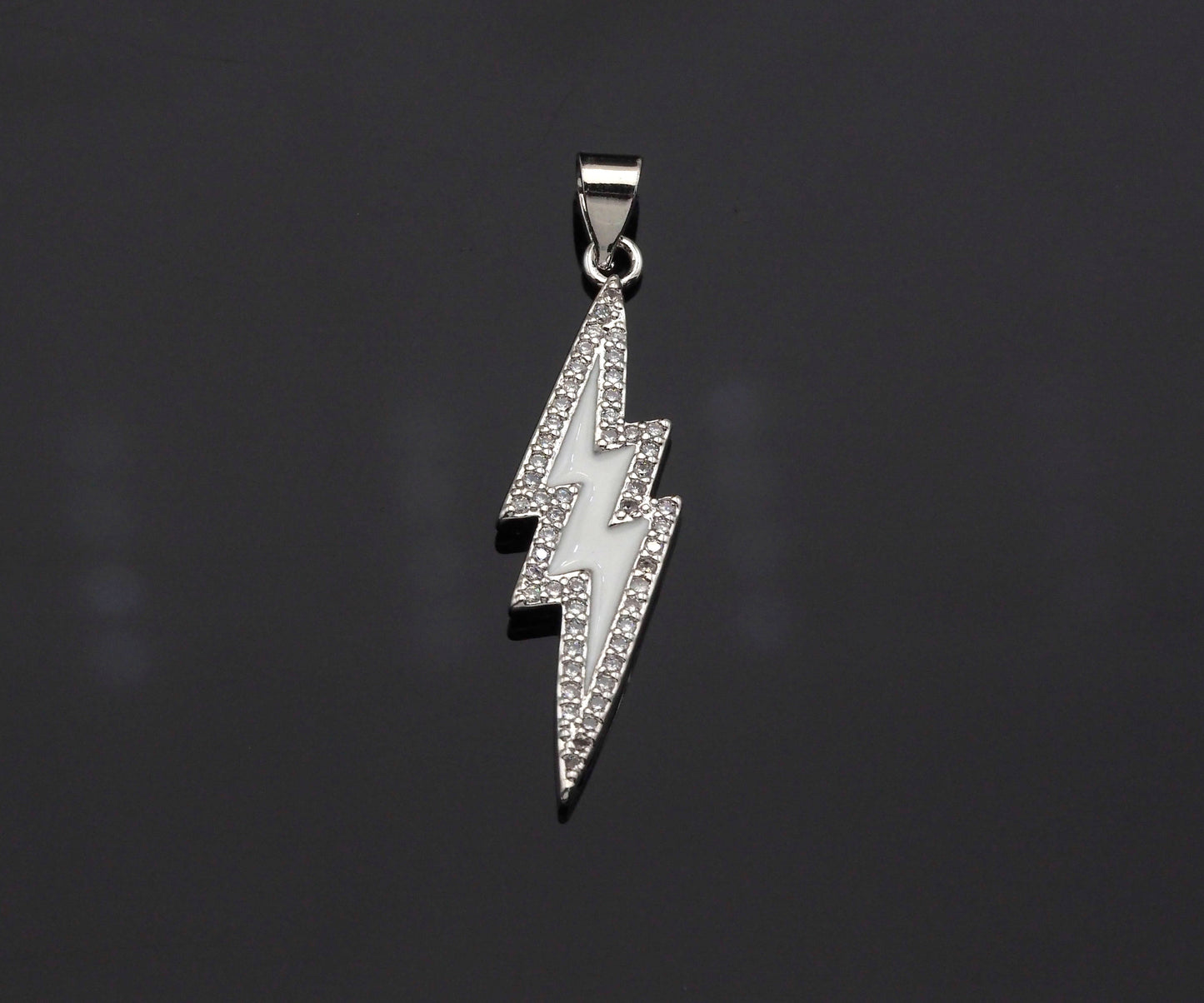 Enamel Colorful Lightning Shape Pendant Silver Finish, CZ Micro Pave Lightning Charm, Enamel pendant,Enamel Jewelry, 10x37mm, sku#LK138