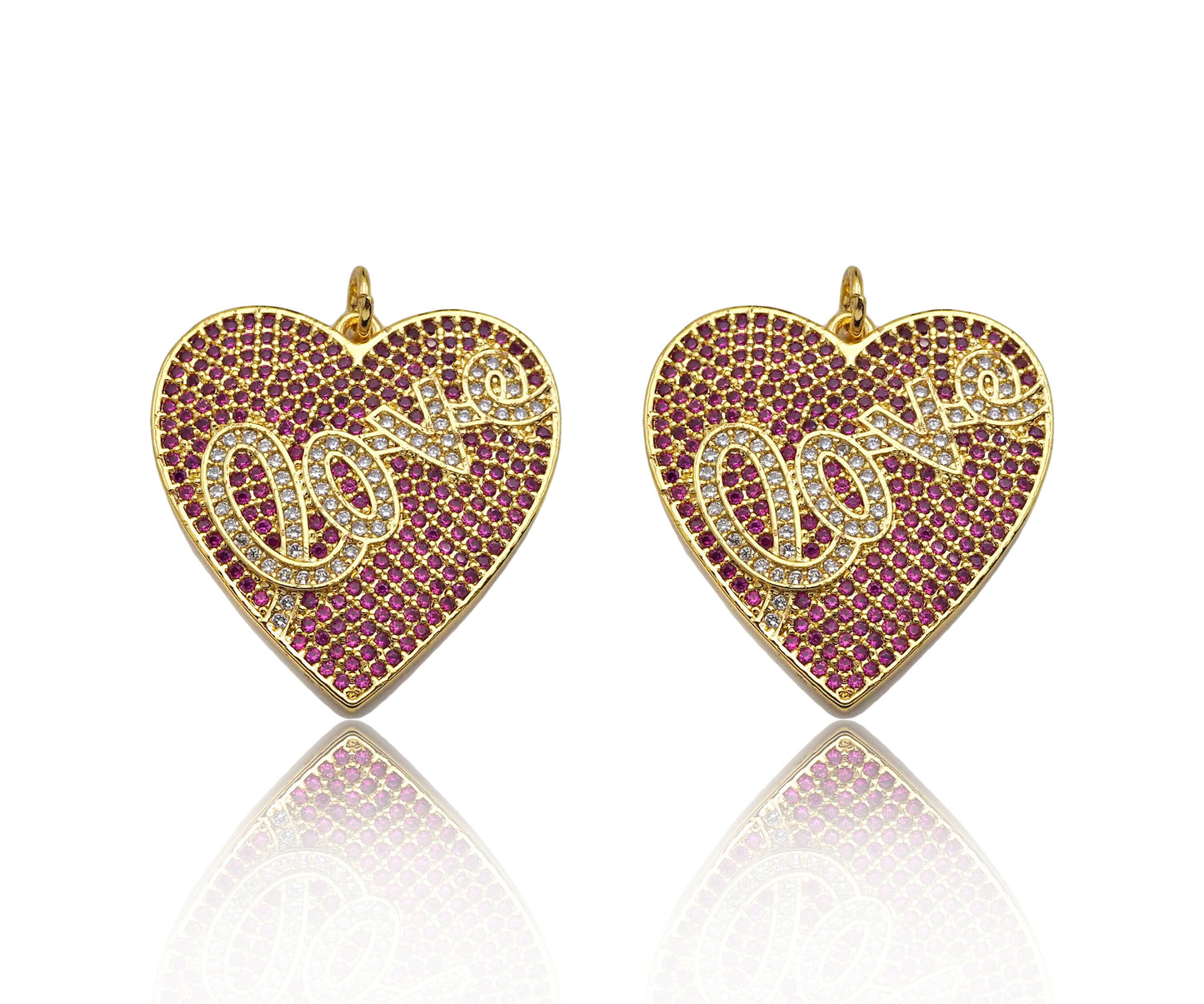 Fuchsia CZ Micro Pave Love On Heart Shape Pendant,Cubic Zirconia Gold Charm, Necklace Bracelet Charm Pendant,25x26mm, Sku#F1373