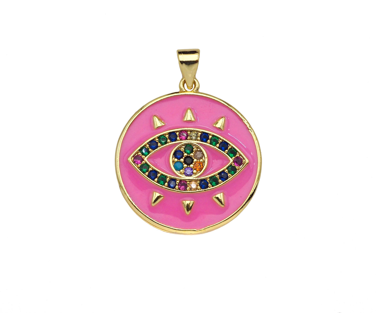 Gold Filled Colorful CZ Evil Eye On Enamel Round Coin Shape Pendant, 18K Gold Filled Micro CZ Pave Charm, 25x23mm,Sku#FH173