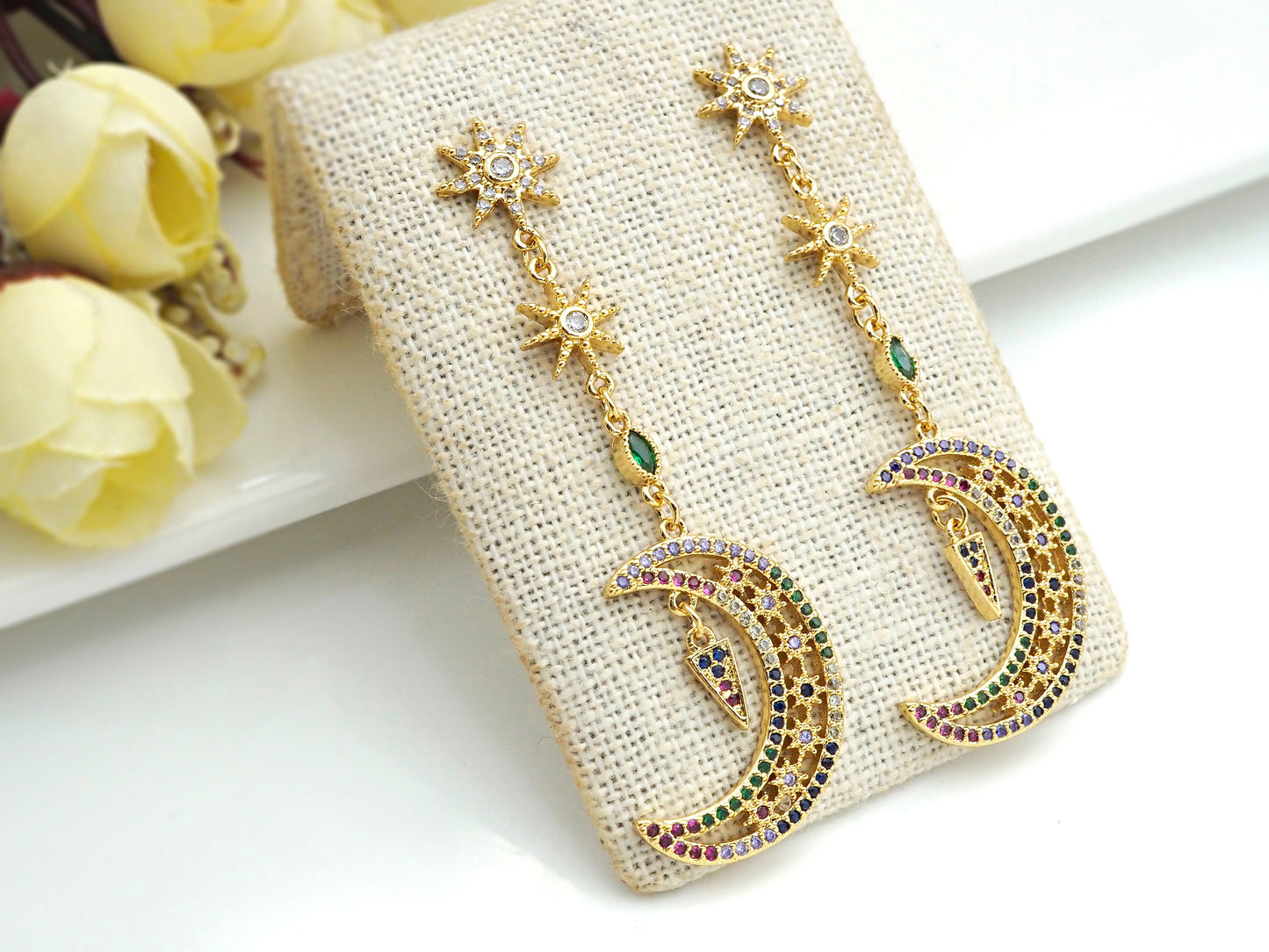CZ Star Moon Dangle Earrings, Sku#J240