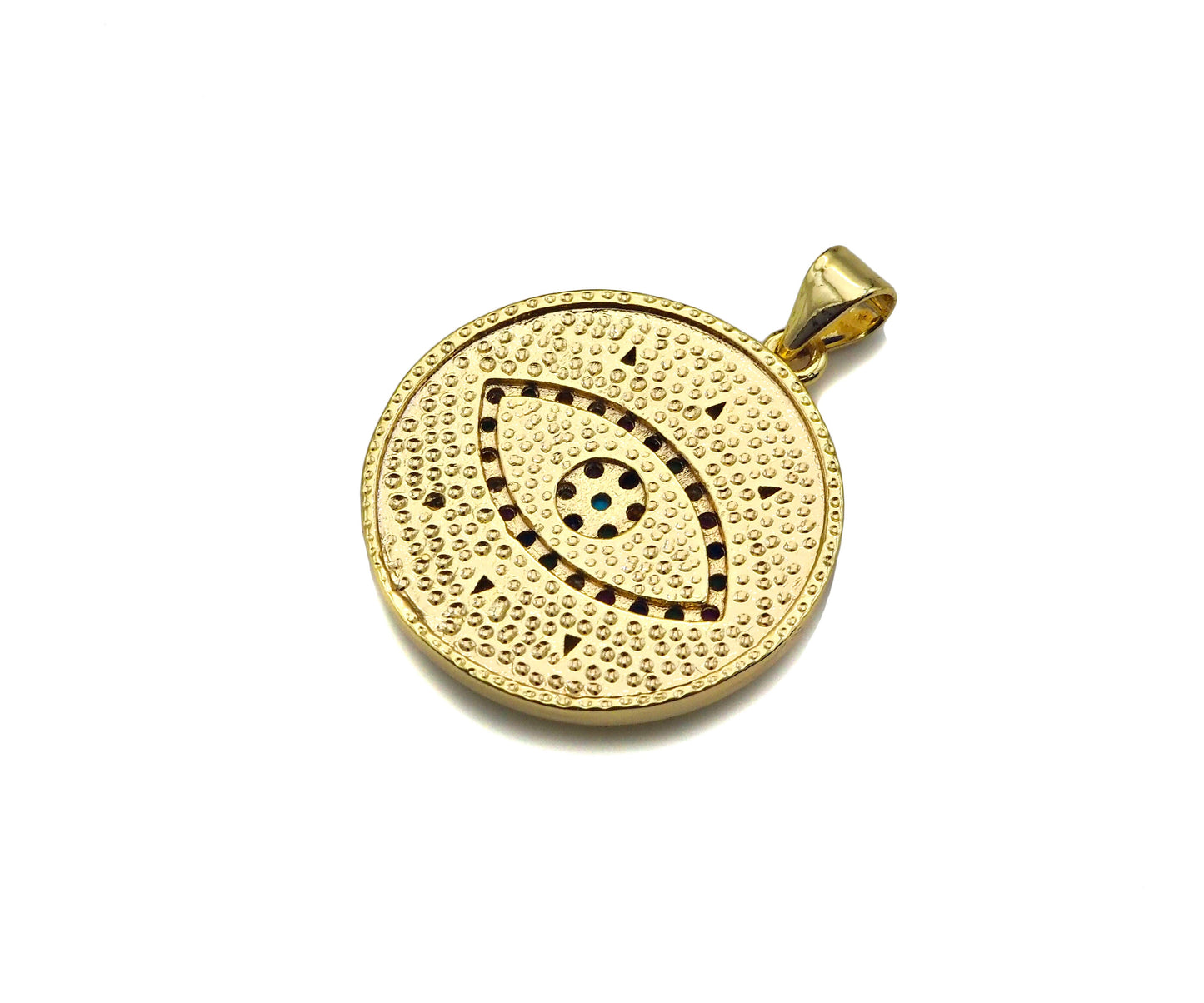 Gold Filled Colorful CZ Evil Eye On Enamel Round Coin Shape Pendant, 18K Gold Filled Micro CZ Pave Charm, 25x23mm,Sku#FH173