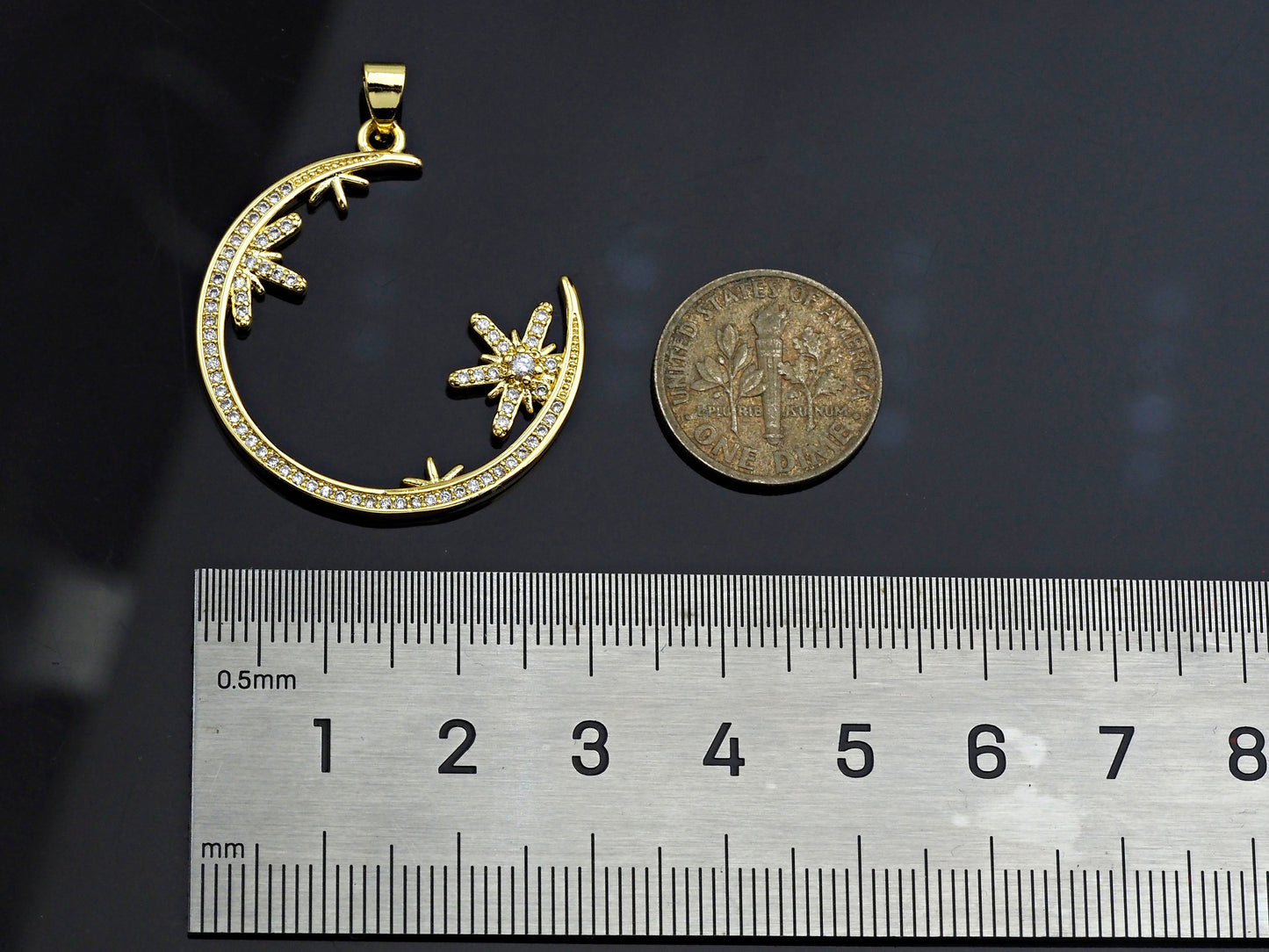 Clear CZ Micro Pave Flower Star On Cresent Moon Shape Pendant Charm, Cubic Zirconia Moon Charm,30x33mm,Sku#LK156