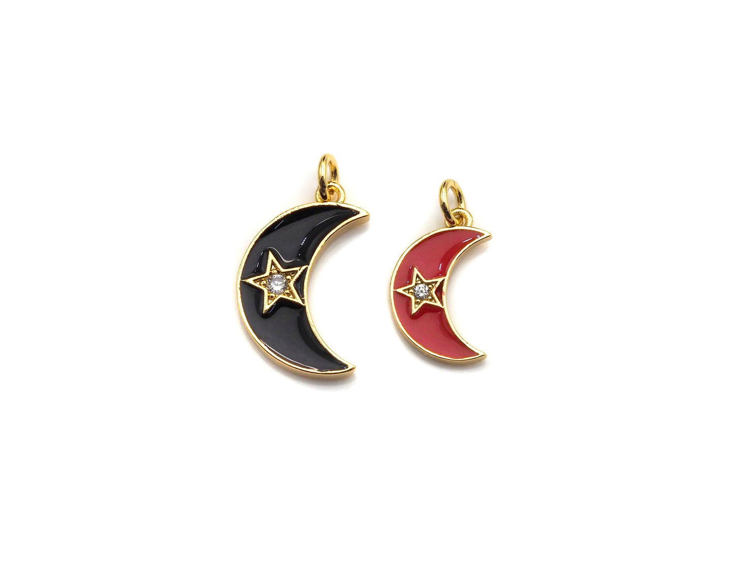 Enamel Moon Star charm, Black Red White Gold CZ Half Moon Pendant, Enamel Moon charm, 10x19mm/18x21mm, sku#FH14