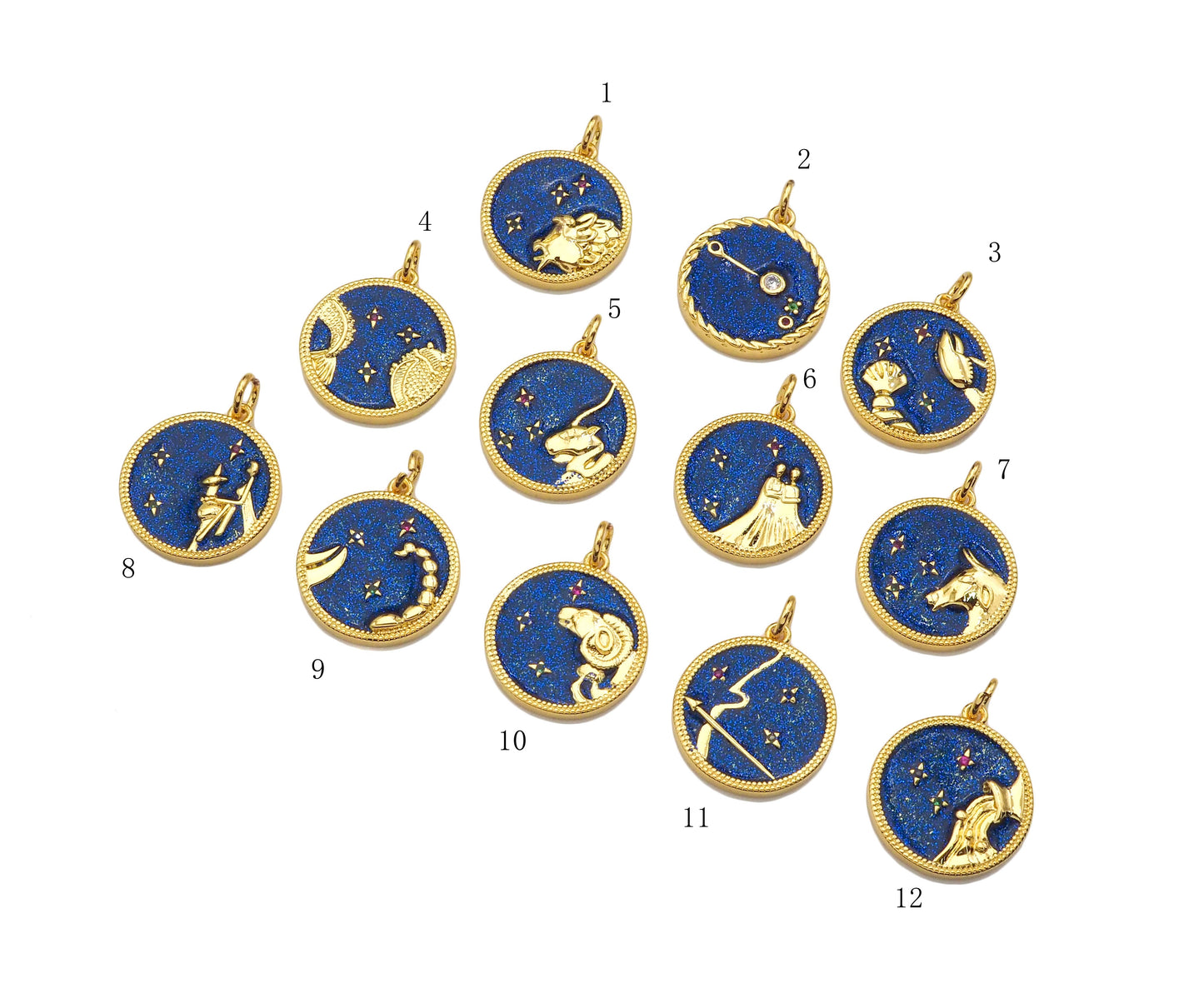 Gold Filled Cobalt Enamel Constellation Pattern On Round Coin Pendant,18K Gold Filled with Bling Effect Enamel Charm,19x17mm,Sku#F1402