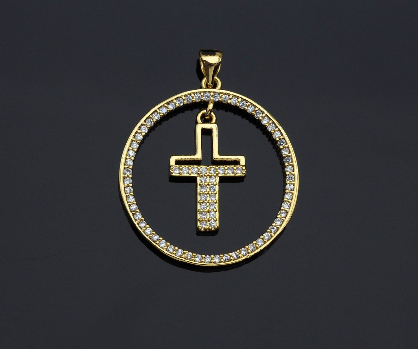 Clear CZ Micro Pave Cross Hanging in Round Ring Shape Pendant Charm, Cubic Zirconia Round Ring Cross Charm,27x30mm,sku#LK157