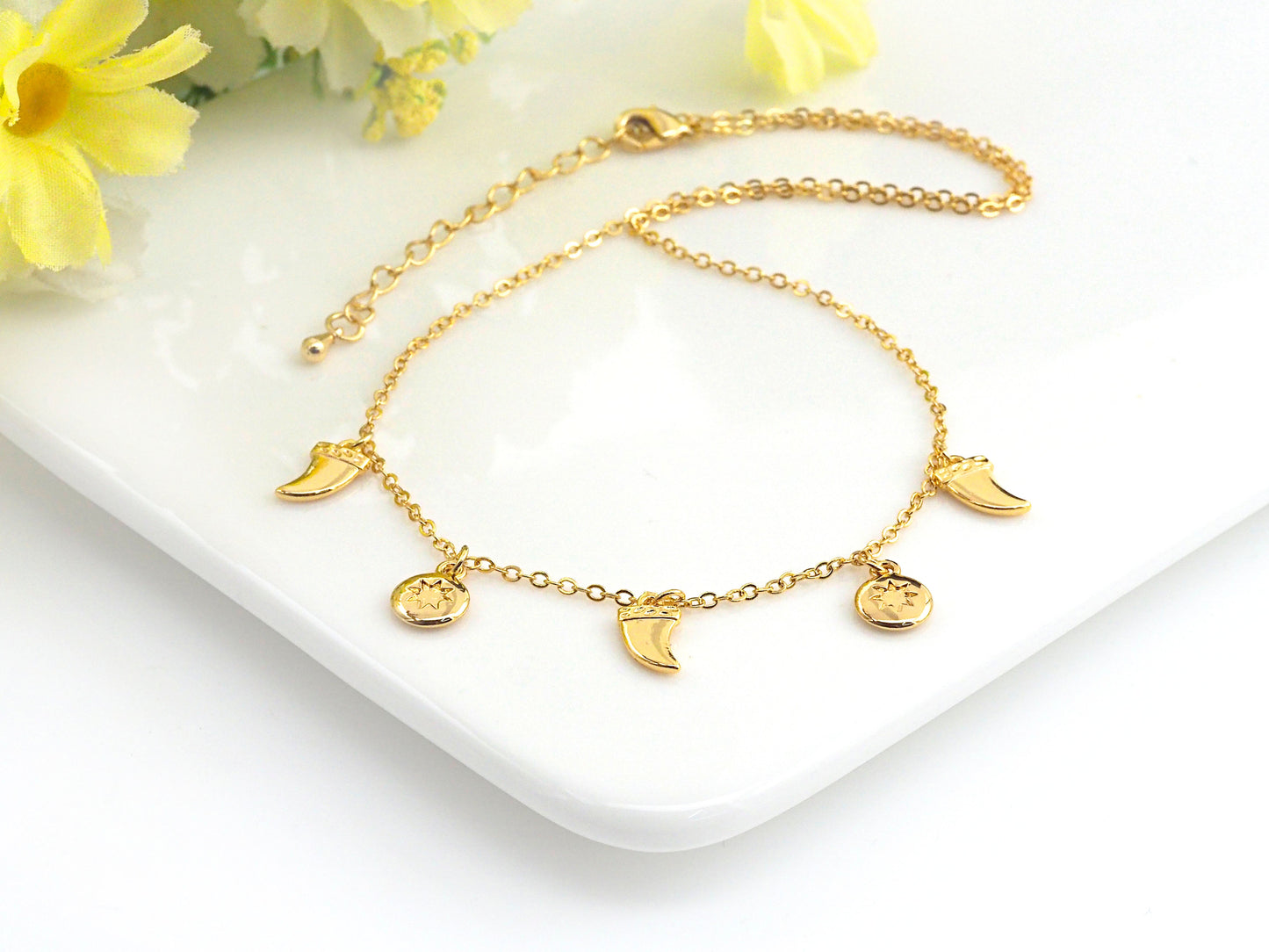 Gold Horn Coin Charm Necklace, Coin Necklace, Dainty Gold Necklace, sku#Z706