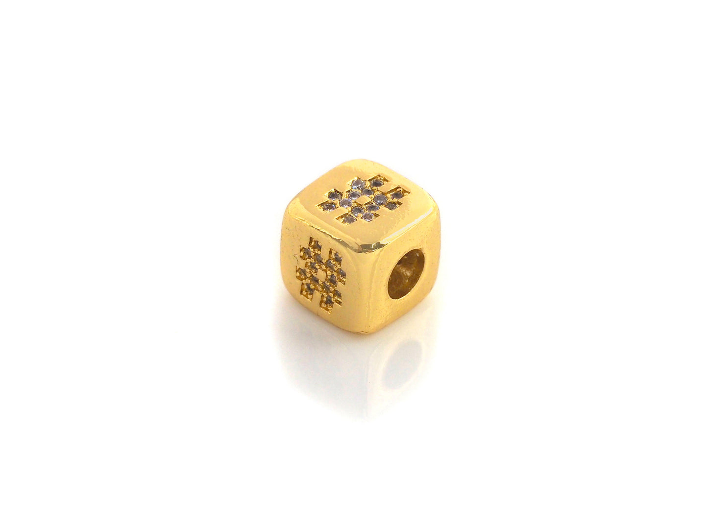 CZ Micro Pave # Symbol Dice Spacer Beads, Cubic Zirconia Cube Spacer Beads, 24k Gold Tone, 8.5mm, sku#Z720