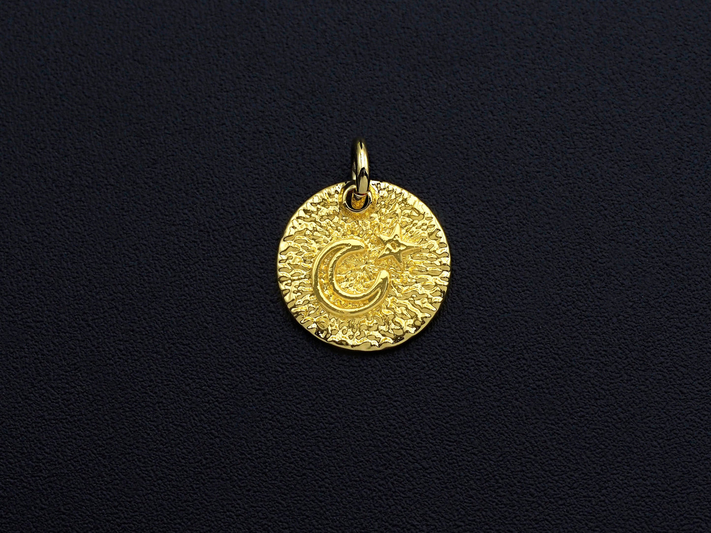Moon Star on Disc Pendant, Embossment Coin Pendant, 24K Gold Tone,12mm, Sku#Z774