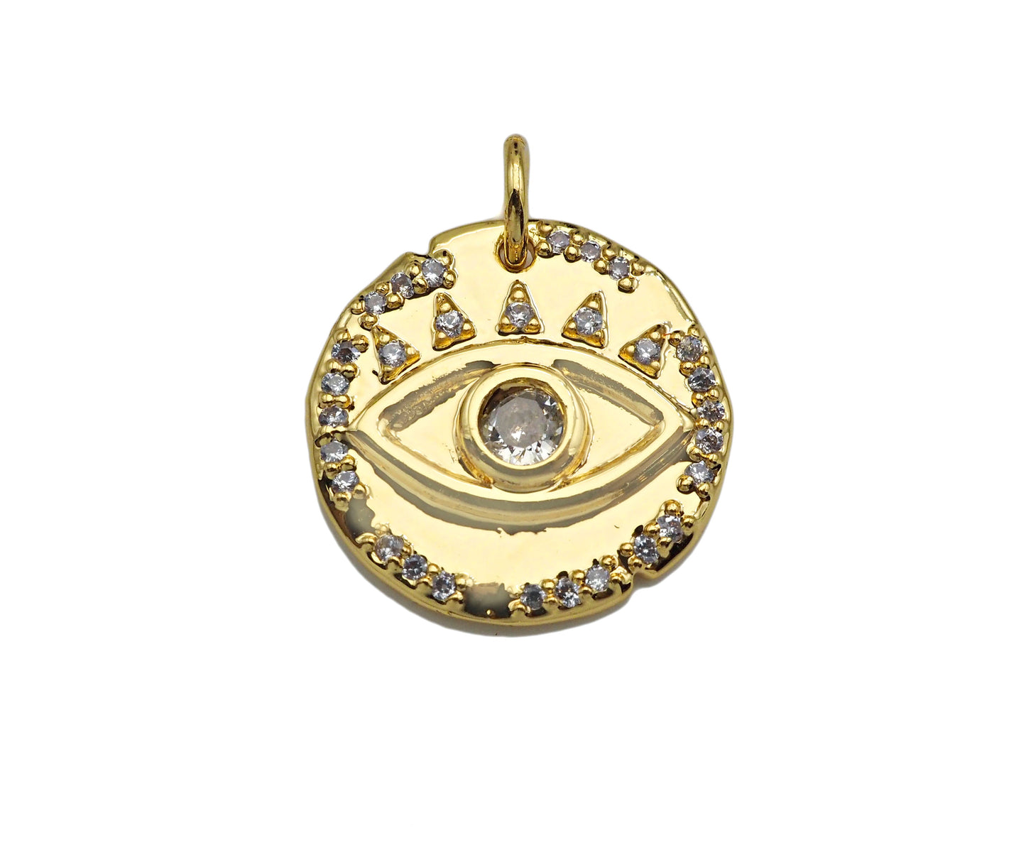 CZ Micro Pave Evil Eye On Hammered Coin Pendant/Charm,Cubic Zirconia Gold/Silver Charm, Necklace Bracelet Charm Pendant,16x16mm, Sku#L398