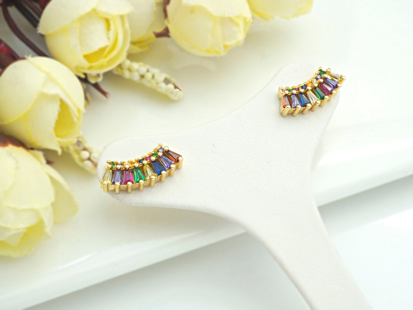 PRESELLING CZ Micro Pave Stud Earring Wires, Rainbow Shape Earrings, Colorful CZ micro pave earrings, 8x17mm, sku#J228