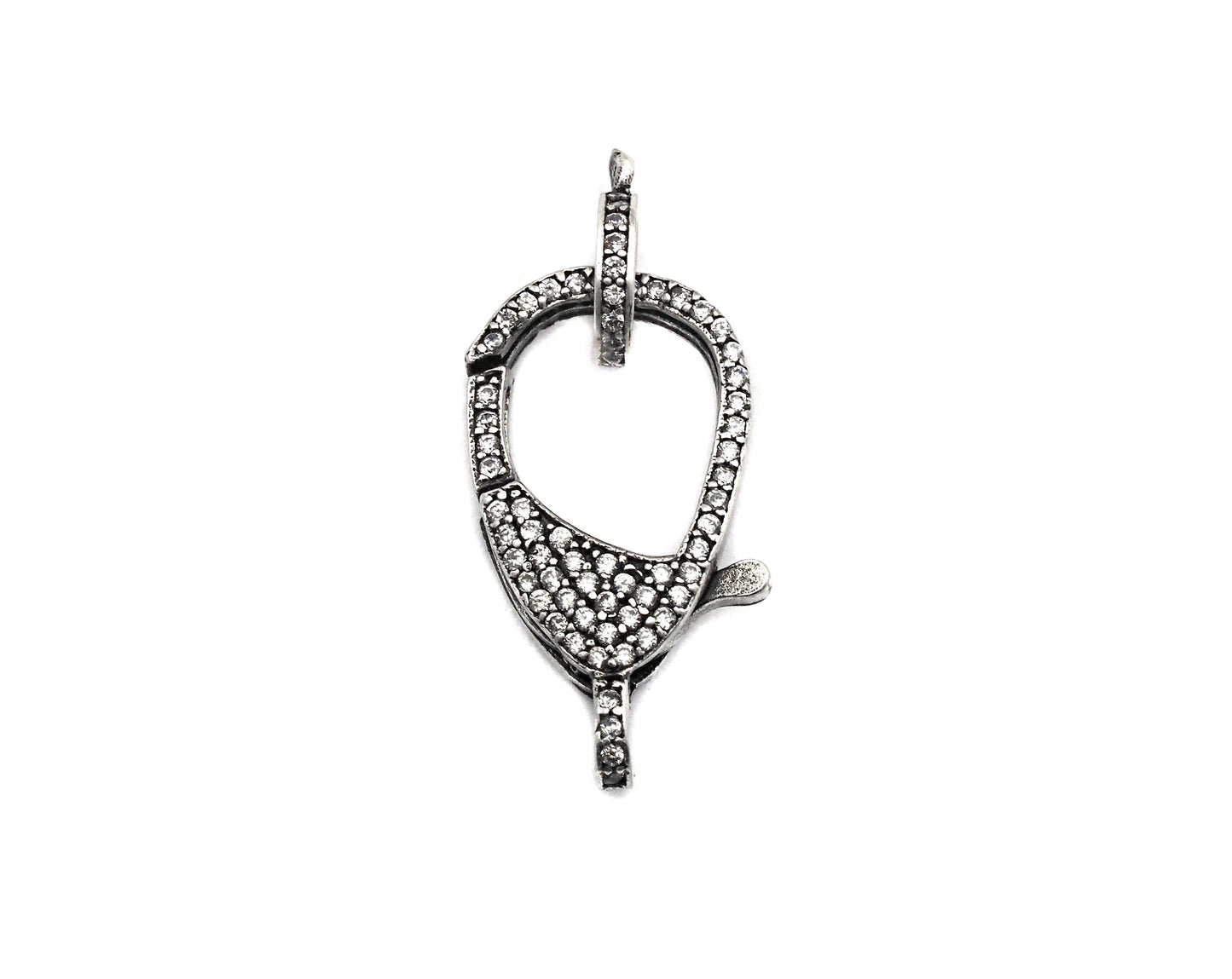CZ Micro Pave Teardrop Lobster Claw Clasp, Antique Silver Plated Cubic Zirconia Clasp, 12x23mm,sku#H174