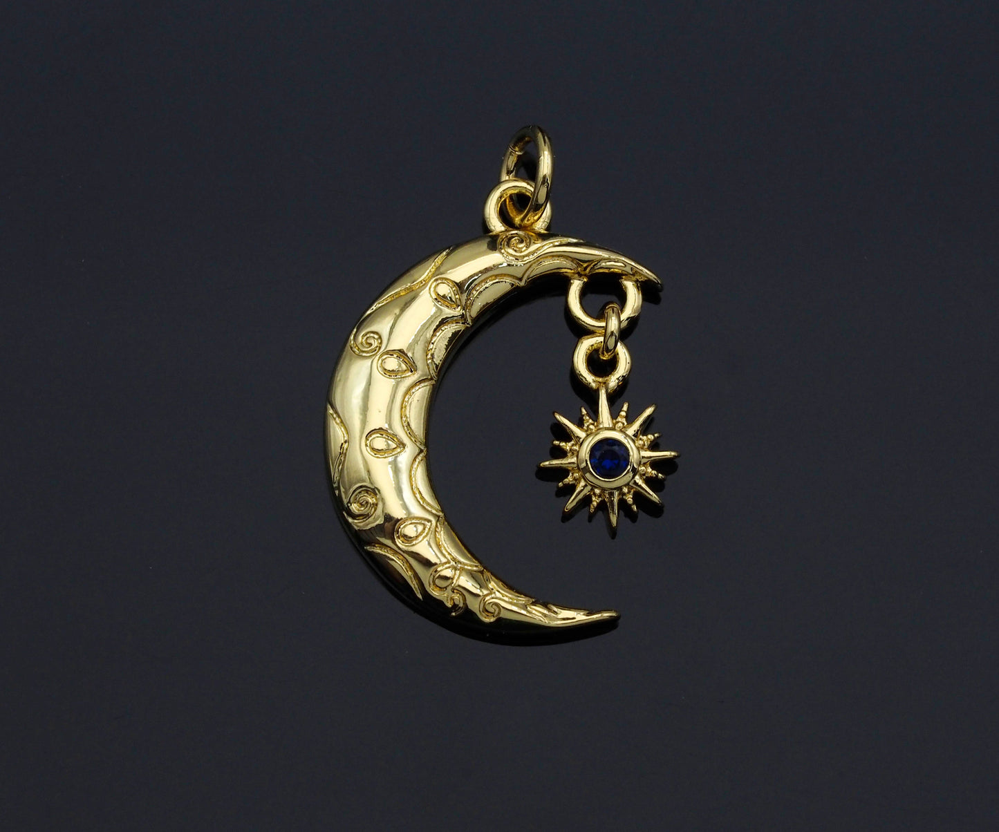 Cobalt CZ Micro Pave Cresent Moon With North Star Shape Pendant Charm, Cubic Zirconia Moon Charm,15x22mm,Sku#LK158