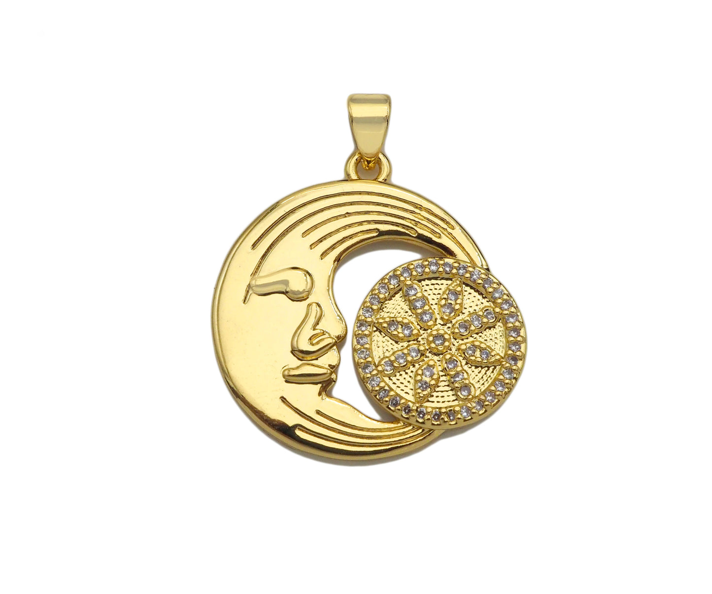 CZ Micro Pave Flower Cresent Moon Shape Pendant/Charm,Cubic Zirconia Medallion Charm, Necklace Bracelet Charm Pendant,25mm, Sku#LK196