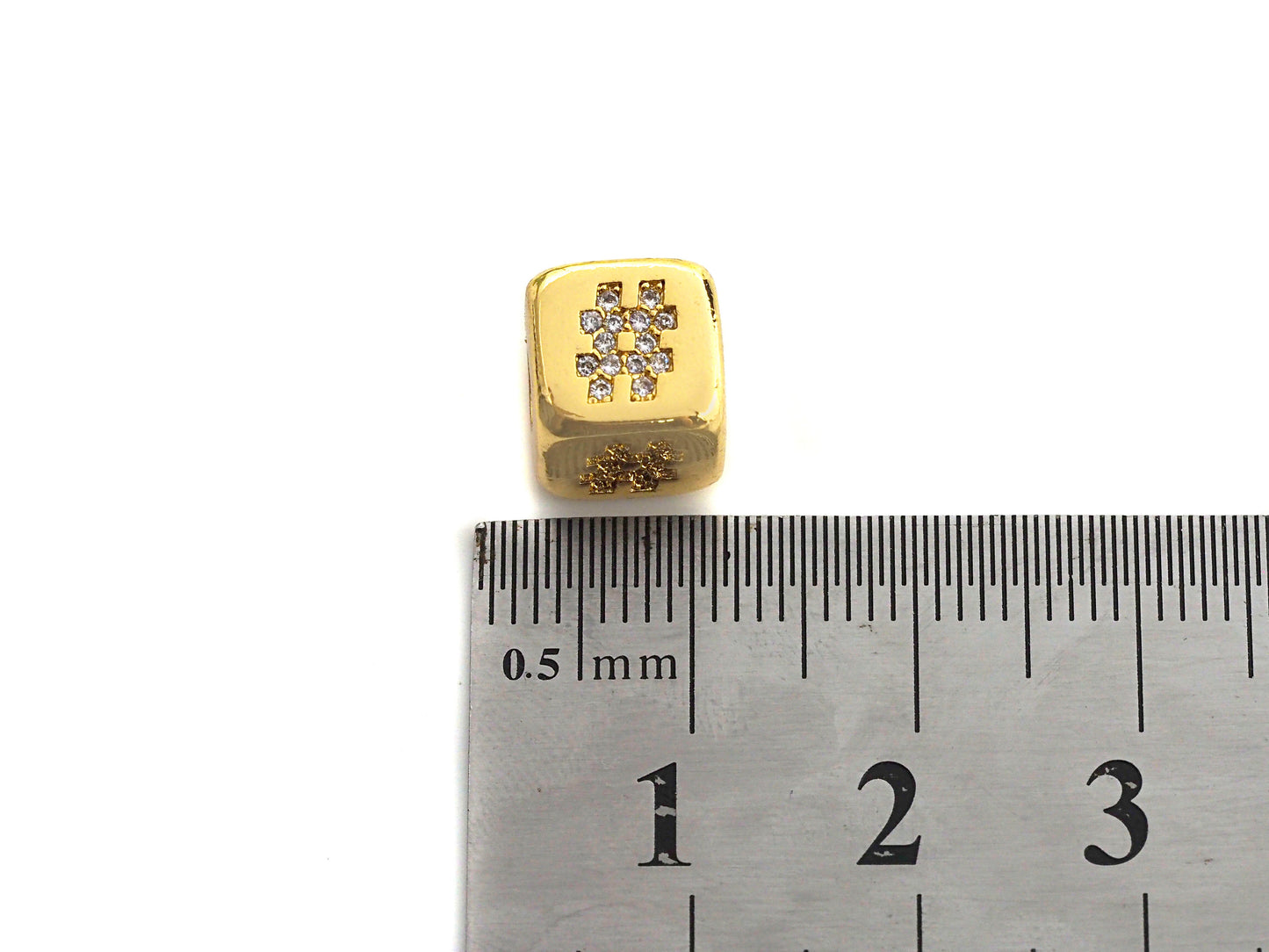 CZ Micro Pave # Symbol Dice Spacer Beads, Cubic Zirconia Cube Spacer Beads, 24k Gold Tone, 8.5mm, sku#Z720