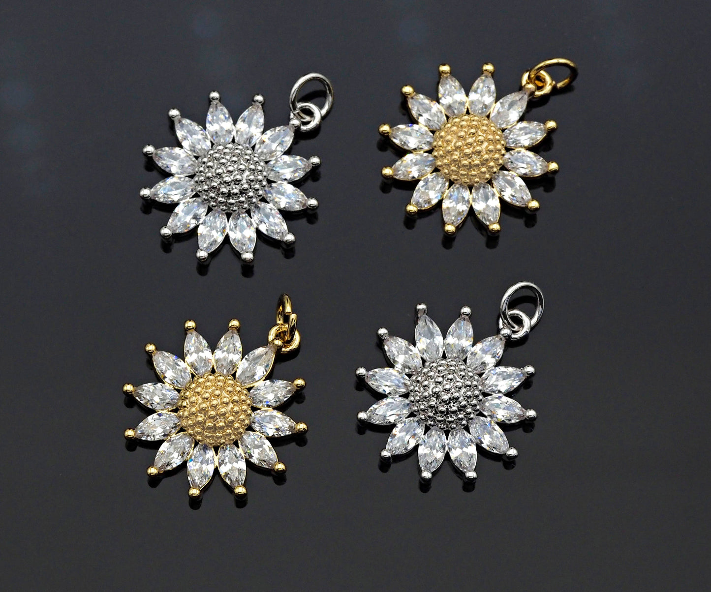 CZ Micro Pave Sunflower Pendant, Gold/Silver Plated Jewelry, sku#F1219C