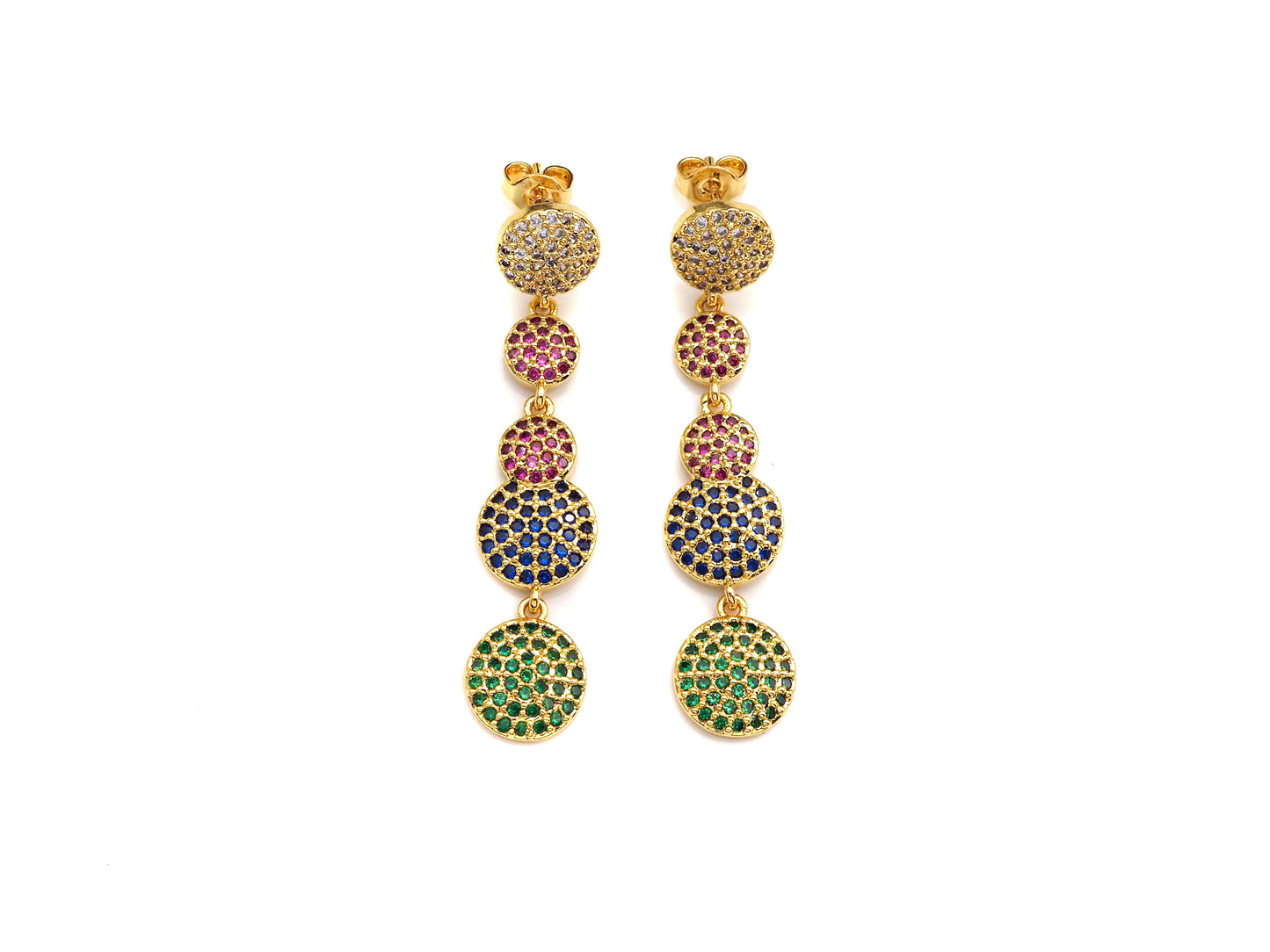 Colorful CZ Micro Pave Five Round Dots Dangle&Drop Earrings, Colorful CZ micro pave earrings, Statement Earrings, 47mm, sku#J275