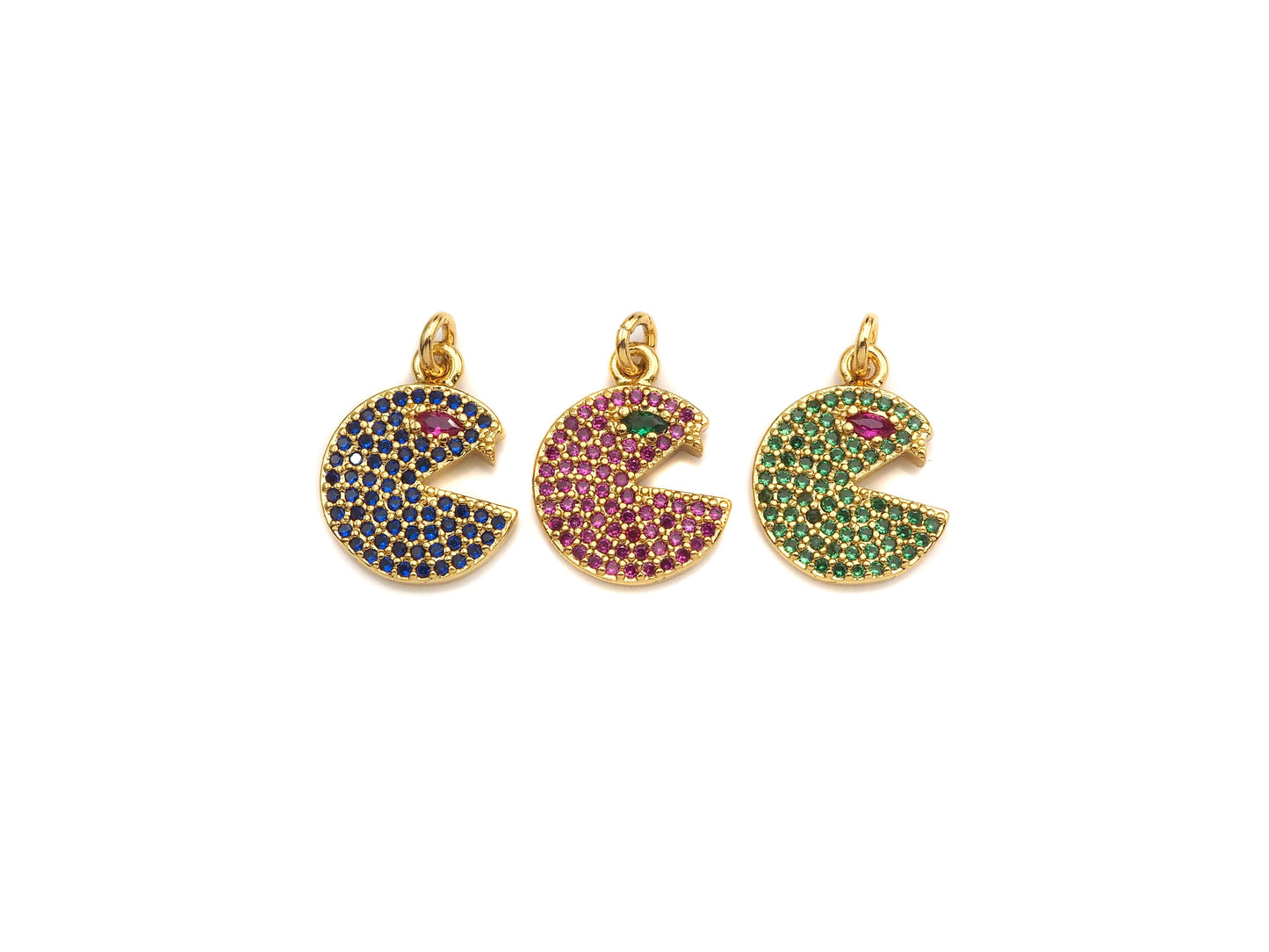 CZ Micro Pave Cobalt/Fuchsia/Green Pac-Man Pendant, CZ Pave Pac-Man Face Pendant, sku#F1142C