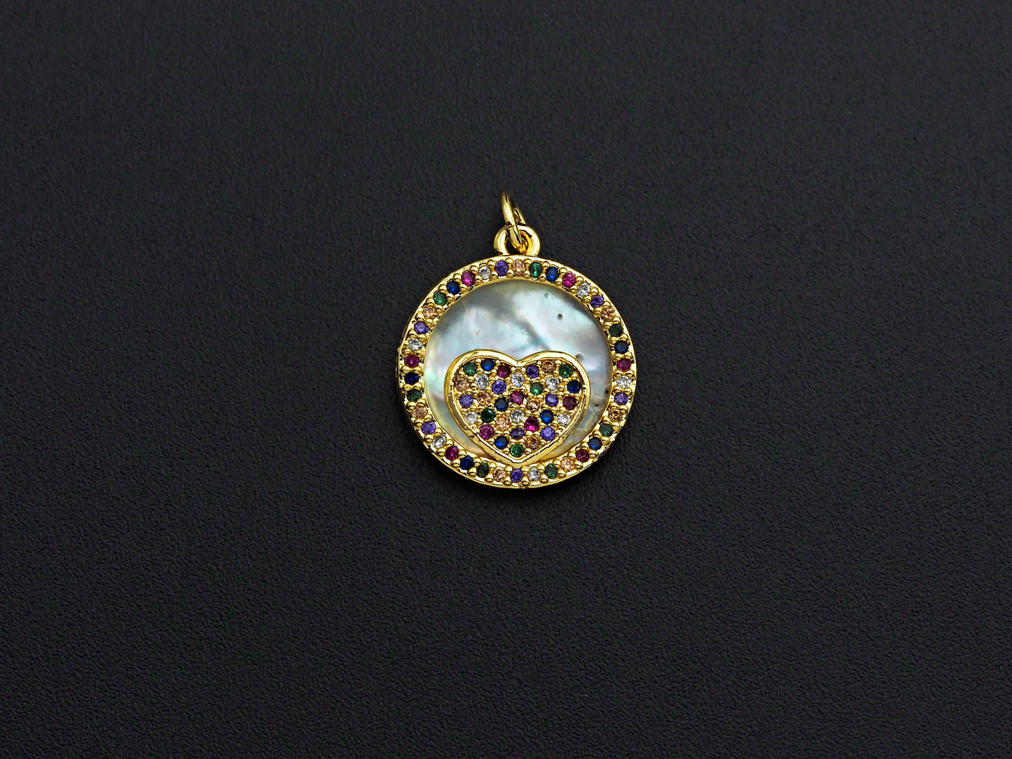 Colorful CZ Micro Pave Colorful Heart on Mother-of-pearl Pendant Charm, Cubic Zirconia Charm, 15mm,sku#Z916C