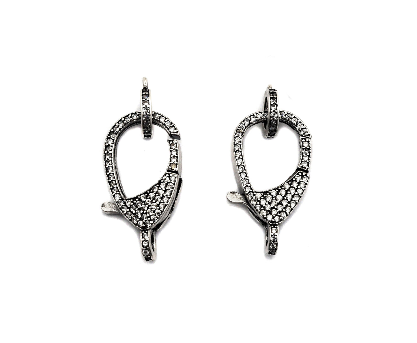 CZ Micro Pave Teardrop Lobster Claw Clasp, Antique Silver Plated Cubic Zirconia Clasp, 12x23mm,sku#H174