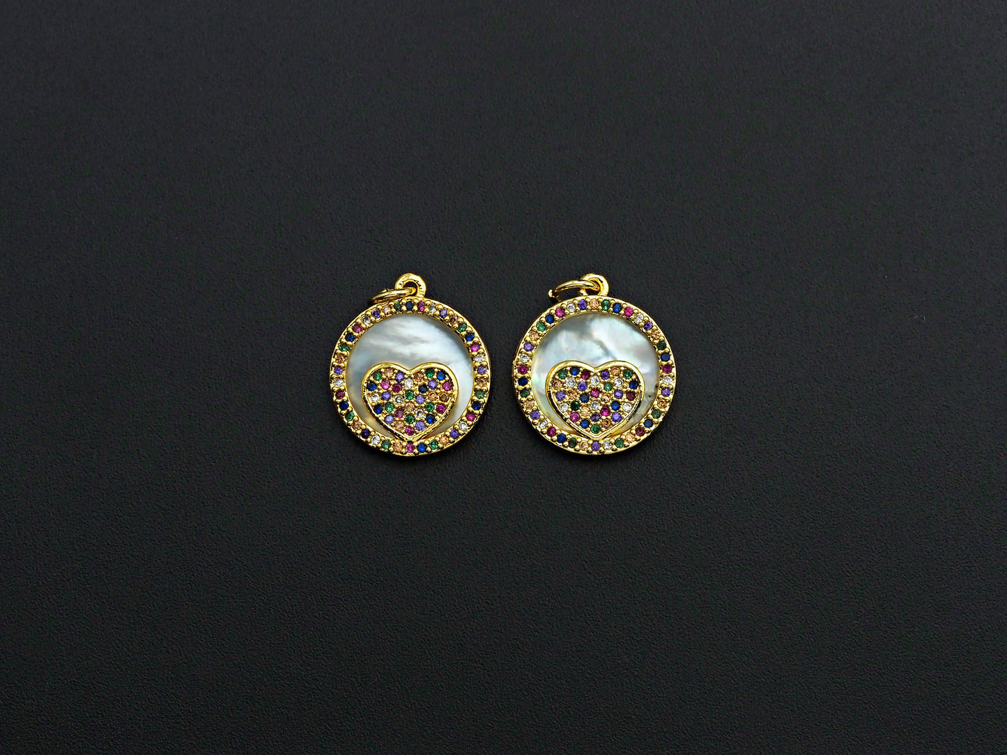 Colorful CZ Micro Pave Colorful Heart on Mother-of-pearl Pendant Charm, Cubic Zirconia Charm, 15mm,sku#Z916C