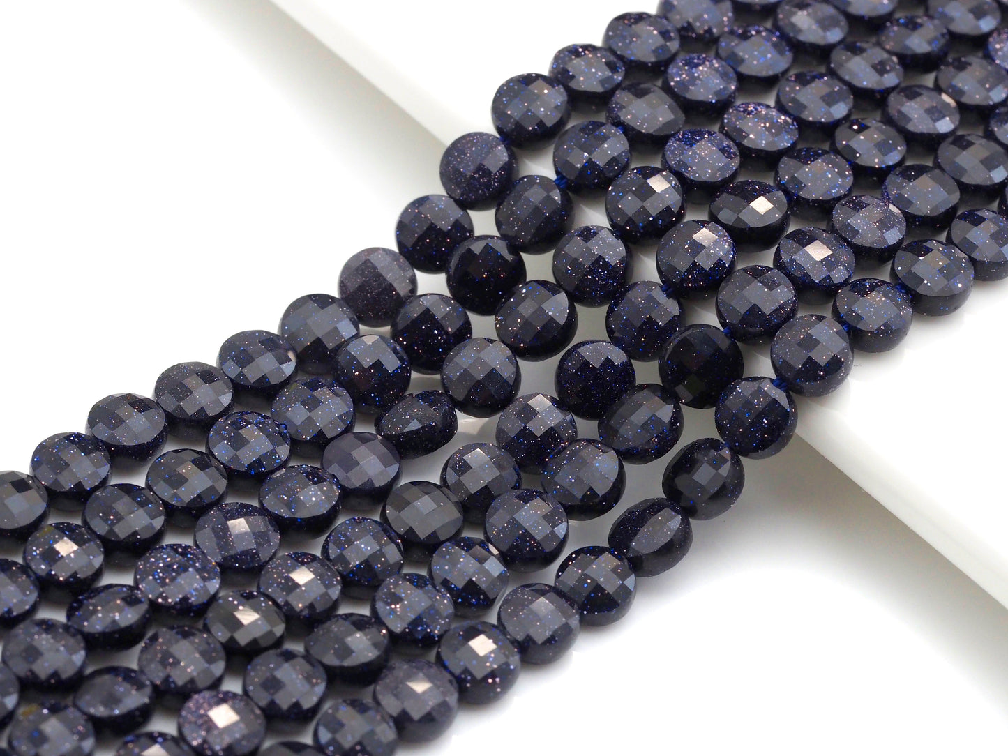 Double Sided Turtle Shell Cut Blue Goldstone Coin beads, 6mm Flat coin faceted, Natural Gemstone Beads, 16" Full Strand, sku#U606