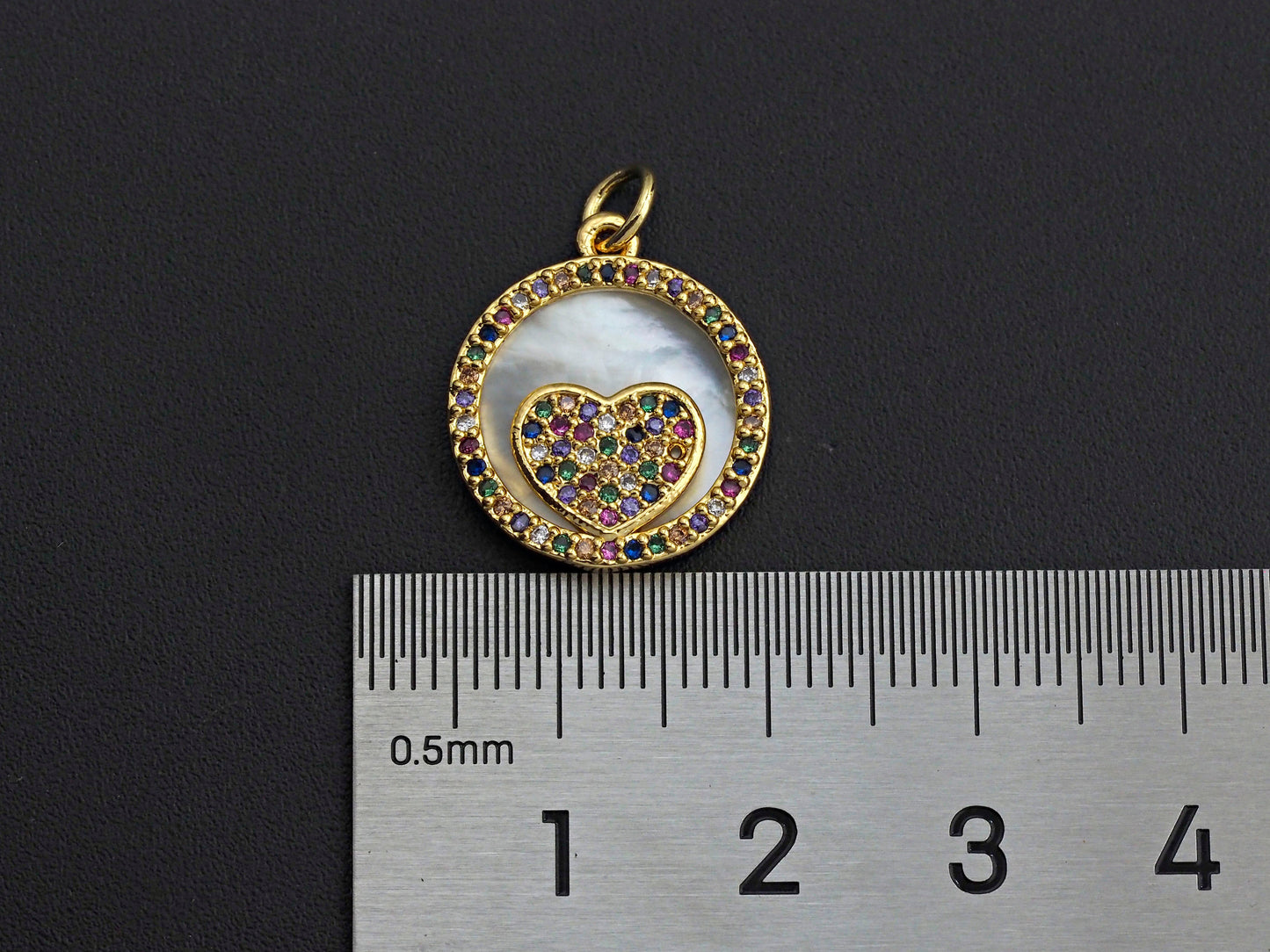 Colorful CZ Micro Pave Colorful Heart on Mother-of-pearl Pendant Charm, Cubic Zirconia Charm, 15mm,sku#Z916C