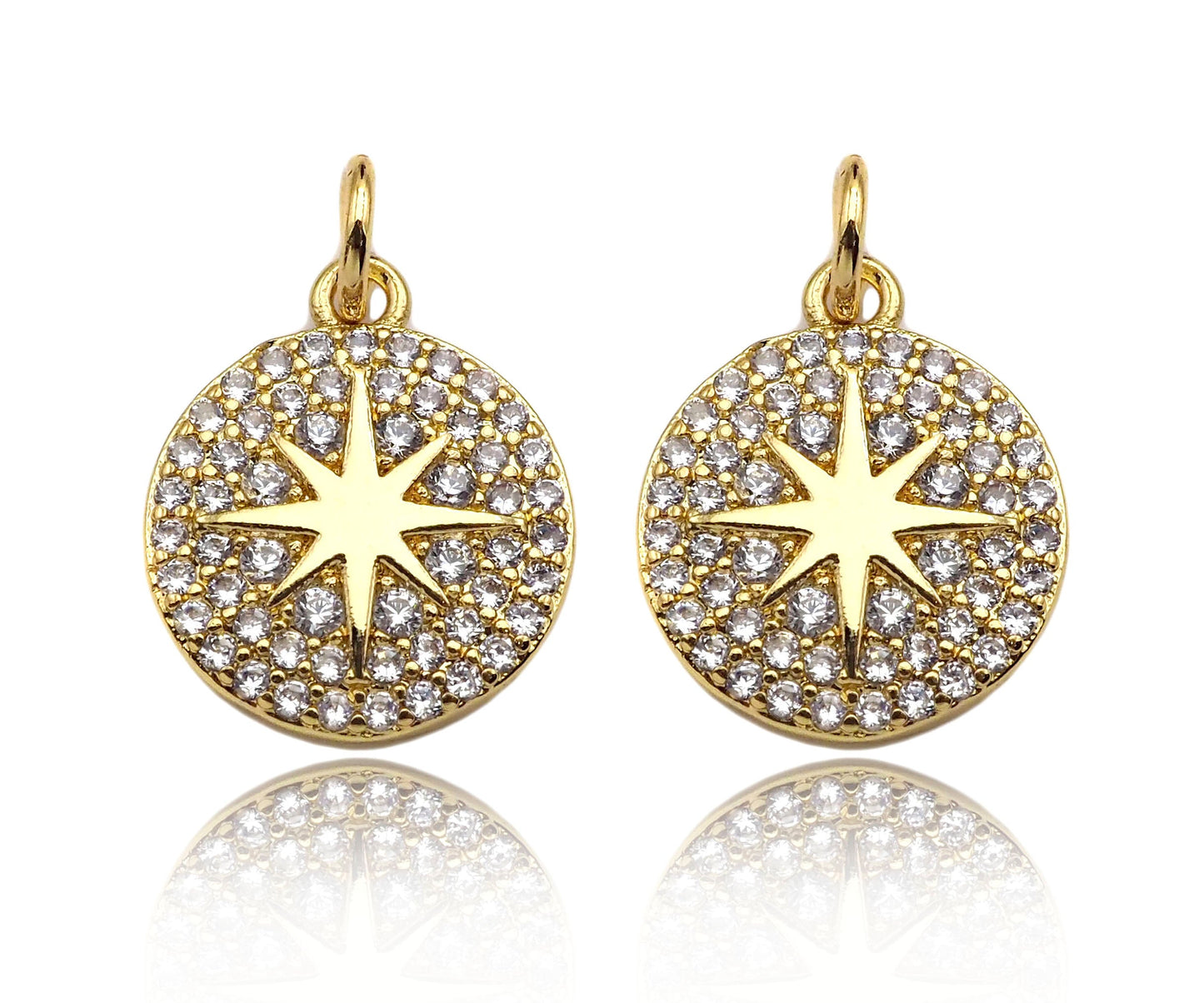 18k Dainty Gold North Star On Round Coin Charms, Dainty Gold Star Pendant, Star Necklace Charms, 11x13mm, Sku#Z1252