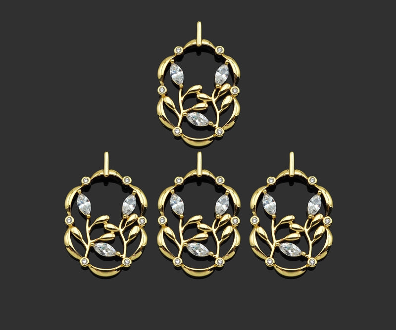 CZ Micro Pave Flower On Picture Frame Shape Pendant,18K Gold Charm, Necklace Bracelet Charm Pendant, 31x20mm,Sku#FH157