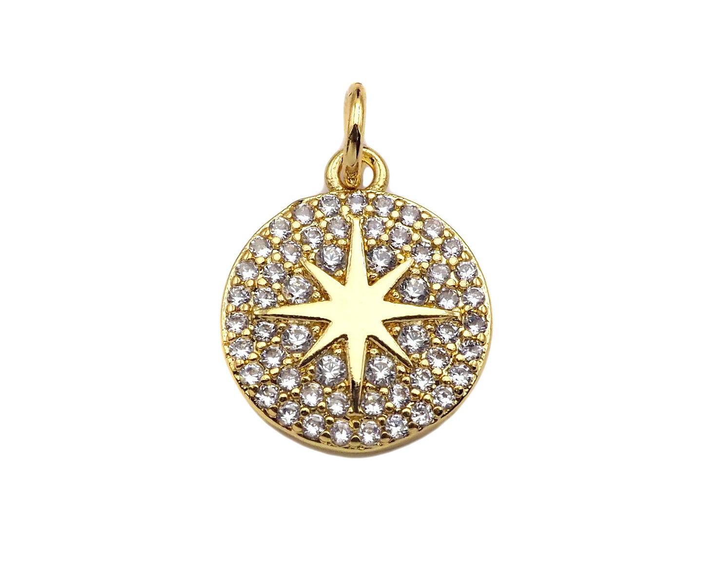18k Dainty Gold North Star On Round Coin Charms, Dainty Gold Star Pendant, Star Necklace Charms, 11x13mm, Sku#Z1252