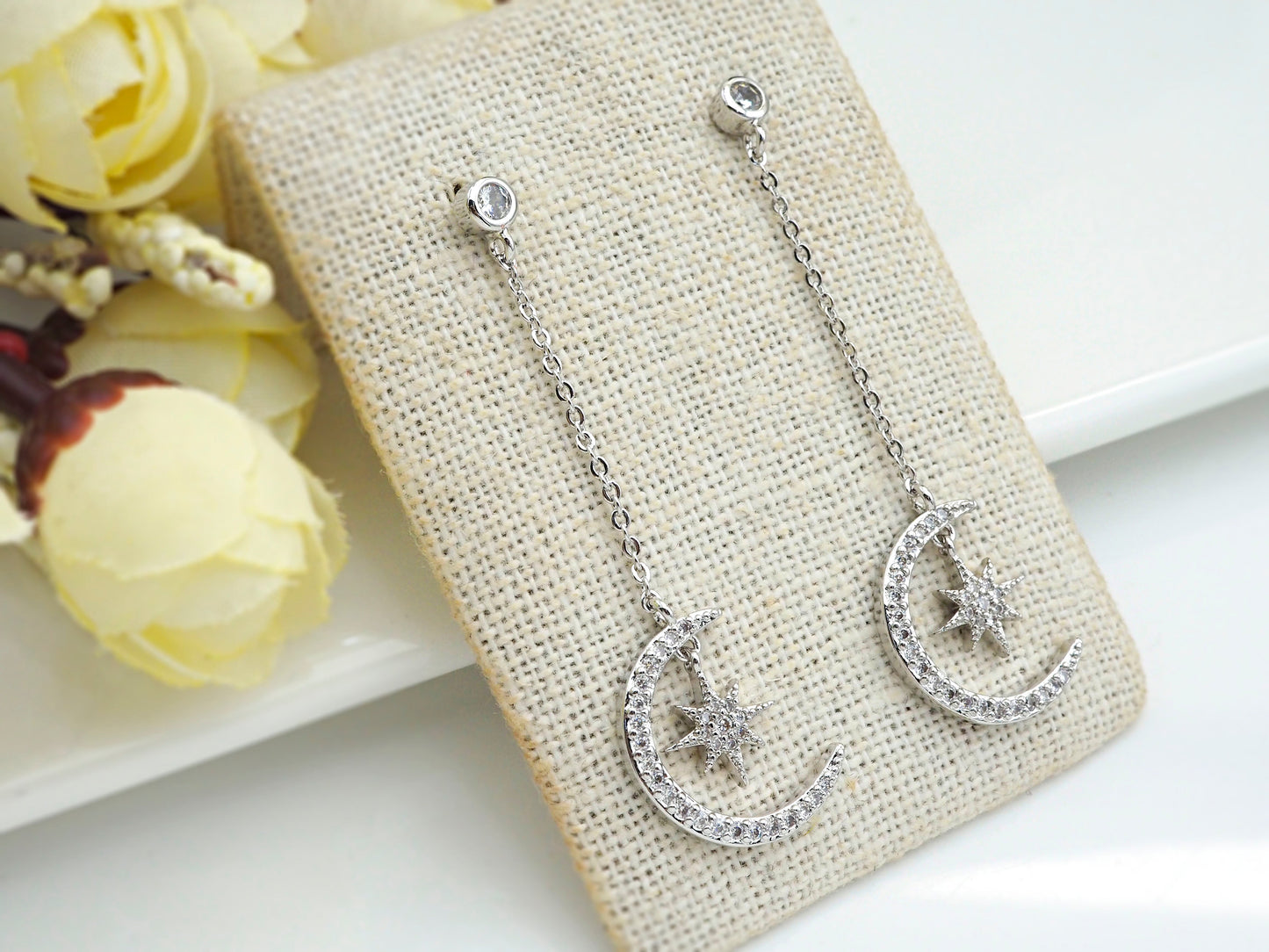 CZ  Moon North Star Dangle Earrings, Sku#J244
