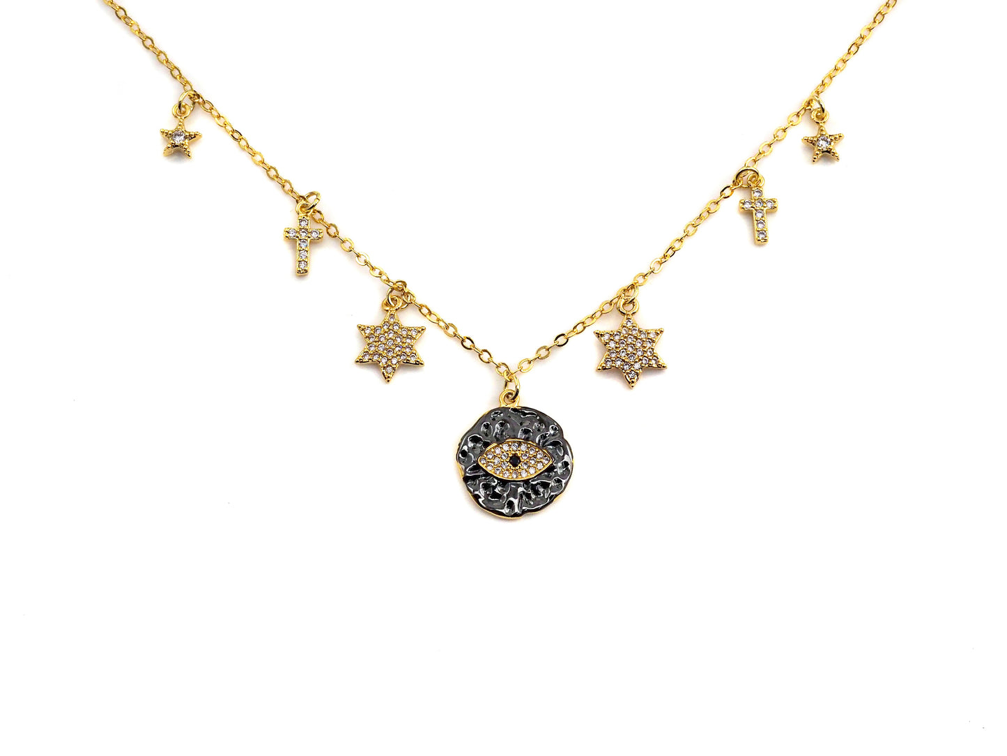 Gold Evil Eye Coin CZ Charm Necklace, Coin Necklace, Cross Star Necklace, Layering Necklace/Gold Disc Necklace, Dainty Necklace, Sku#Z710