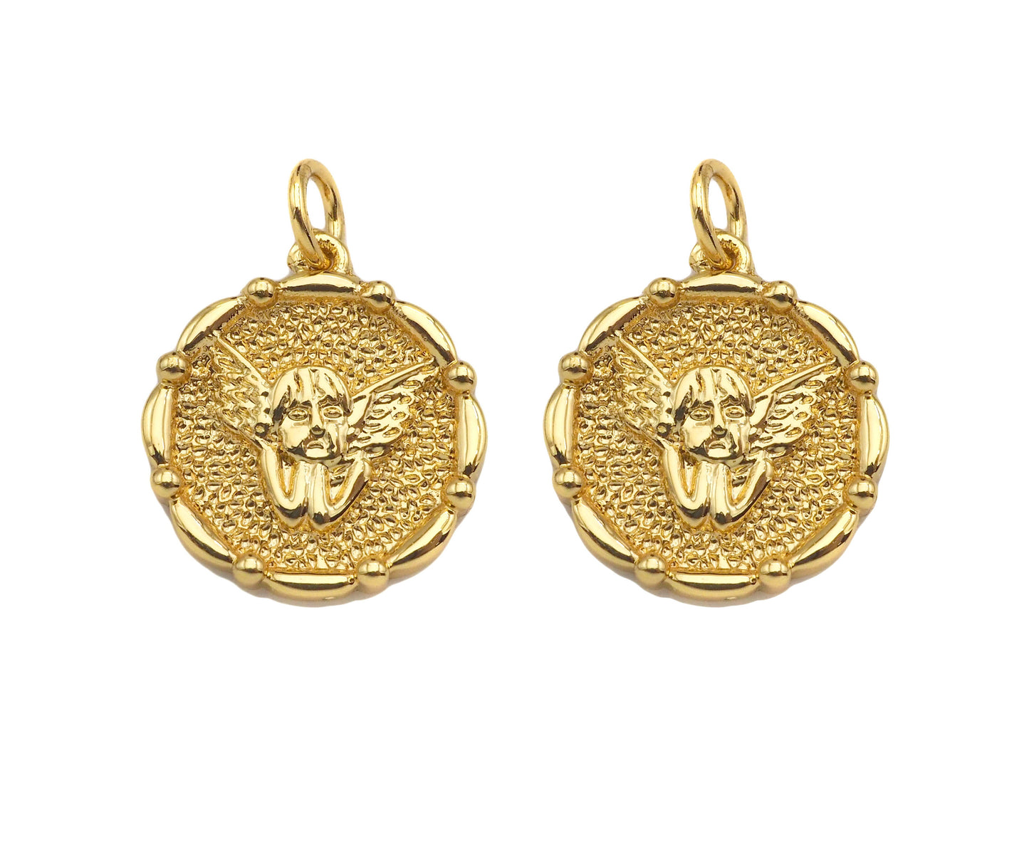 18K Dainty Gold Angel Face On Round Coin Shape Pendant/Charm,Gold Angle Medallion Charm, Necklace Bracelet Charm Pendant,17x15mm, Sku#F1362