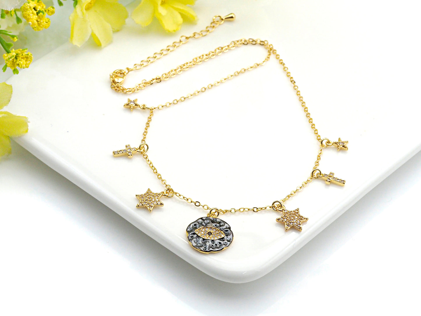 Gold Evil Eye Coin CZ Charm Necklace, Coin Necklace, Cross Star Necklace, Layering Necklace/Gold Disc Necklace, Dainty Necklace, Sku#Z710