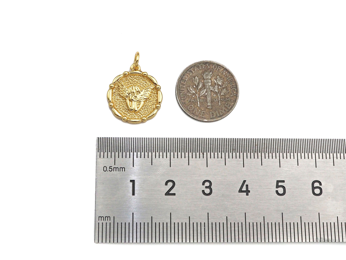 18K Dainty Gold Angel Face On Round Coin Shape Pendant/Charm,Gold Angle Medallion Charm, Necklace Bracelet Charm Pendant,17x15mm, Sku#F1362