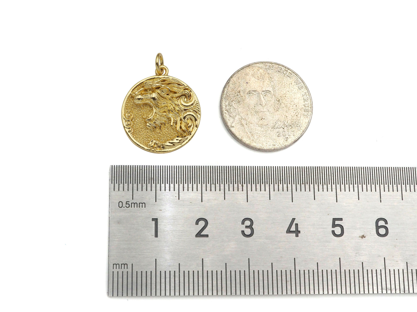 Gold Filled Embossed Lion Head Coin Pendant,18x20mm,Sku#Z1366