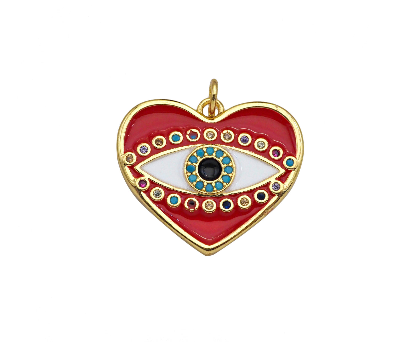 Gold Filled White Enamel Evil Eye On Red Enamel Heart Pendant,CZ Micro Pave 18K Gold Filled Enamel Charm, Enamel Jewelry, 24x21mm,Sku#Y457
