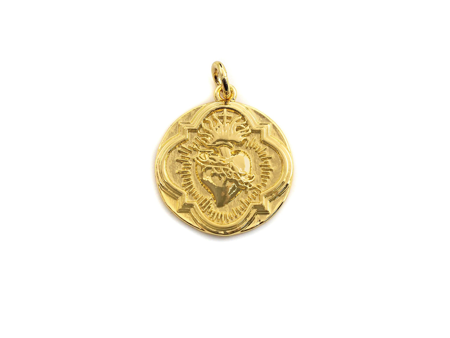 Medallion heart Pendant, Embossment Disc Pendant, Cubic Zirconia Pendant, Gold Tone, 18x20mm, Sku#Z692