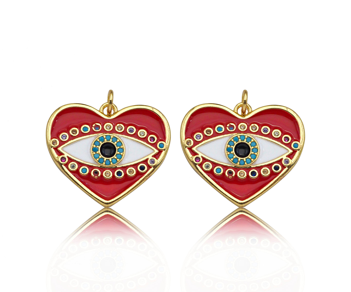 Gold Filled White Enamel Evil Eye On Red Enamel Heart Pendant,CZ Micro Pave 18K Gold Filled Enamel Charm, Enamel Jewelry, 24x21mm,Sku#Y457