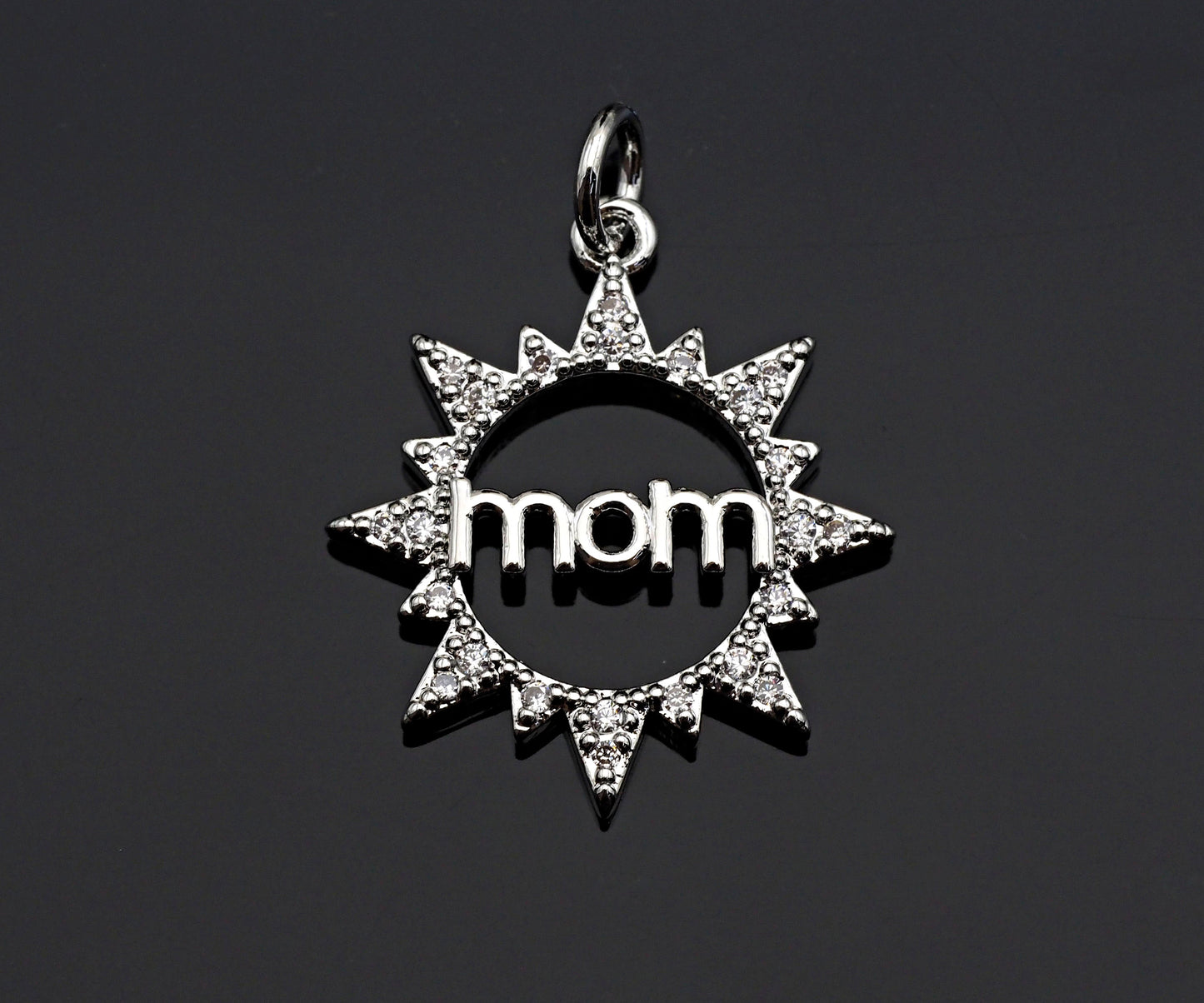 CZ Micro Pave Mom On Sunflower Round Ring Pendant/Charm,Cubic Zirconia Paved Charm, Necklace Bracelet Charm Pendant,19x21mm, sku#L376