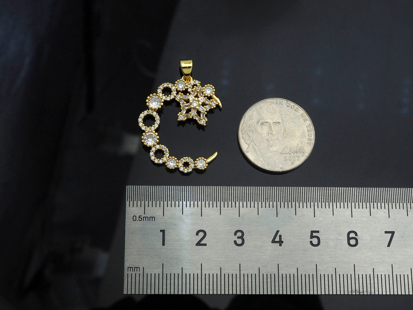 CZ Micro Pave Moon and Five Point Star Shape Pendant, Sku#F1395C