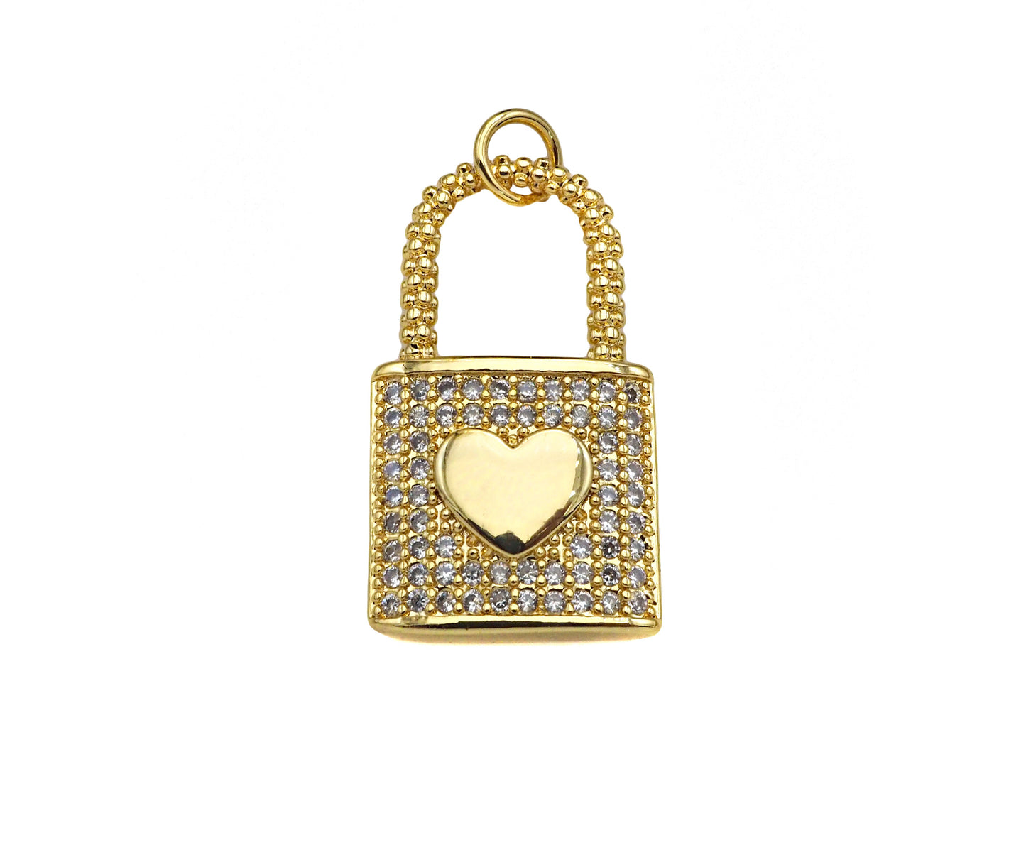 CZ Micro Pave Heart On Lock Shape Pendant/Charm,18K Gold Fil