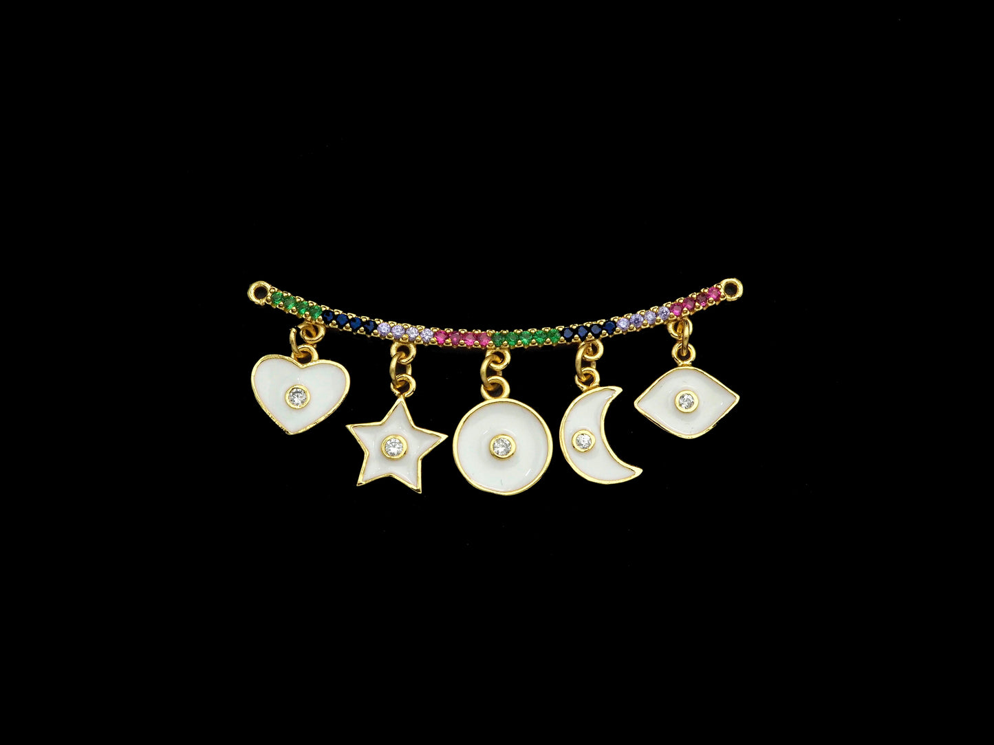 CZ Micro Pave Enamel Curved Bar with Dangle Heart Star Moon Pendant/Charm,SKU#F1133C